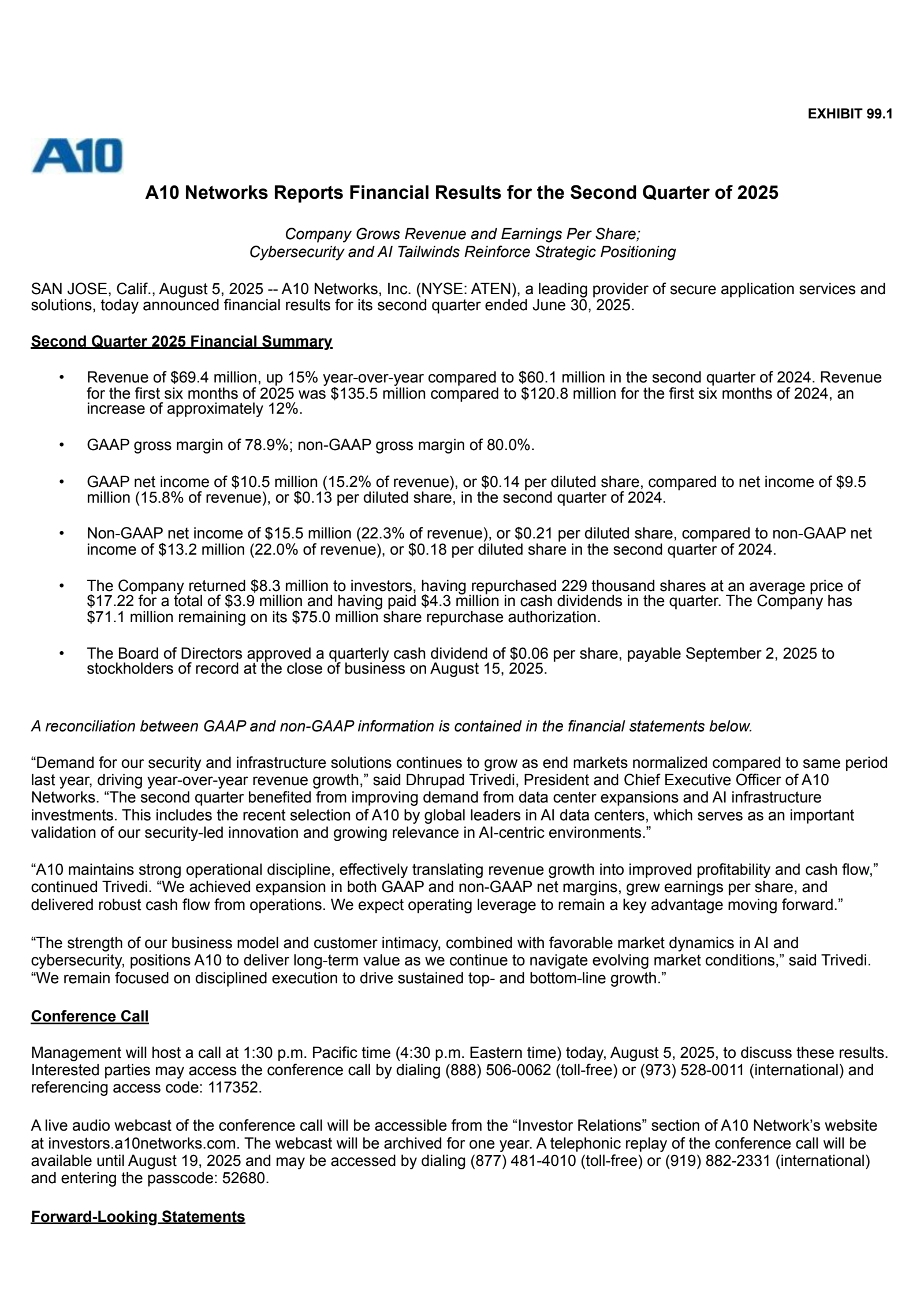 A10 Networks' Q2 2025 Press Release