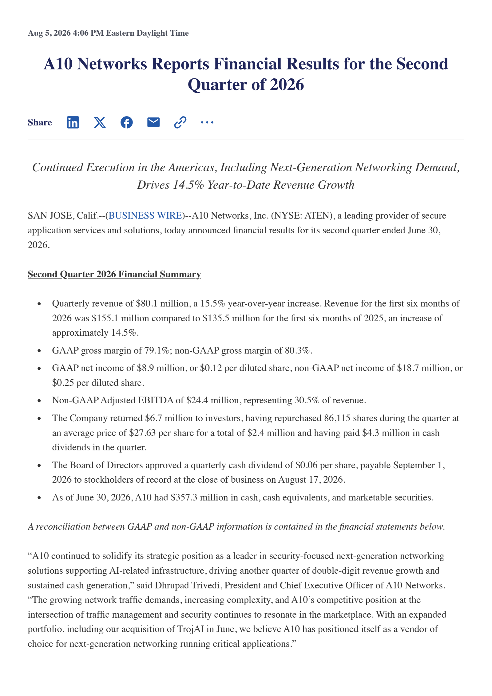A10 Networks' Q2 2026 Press Release