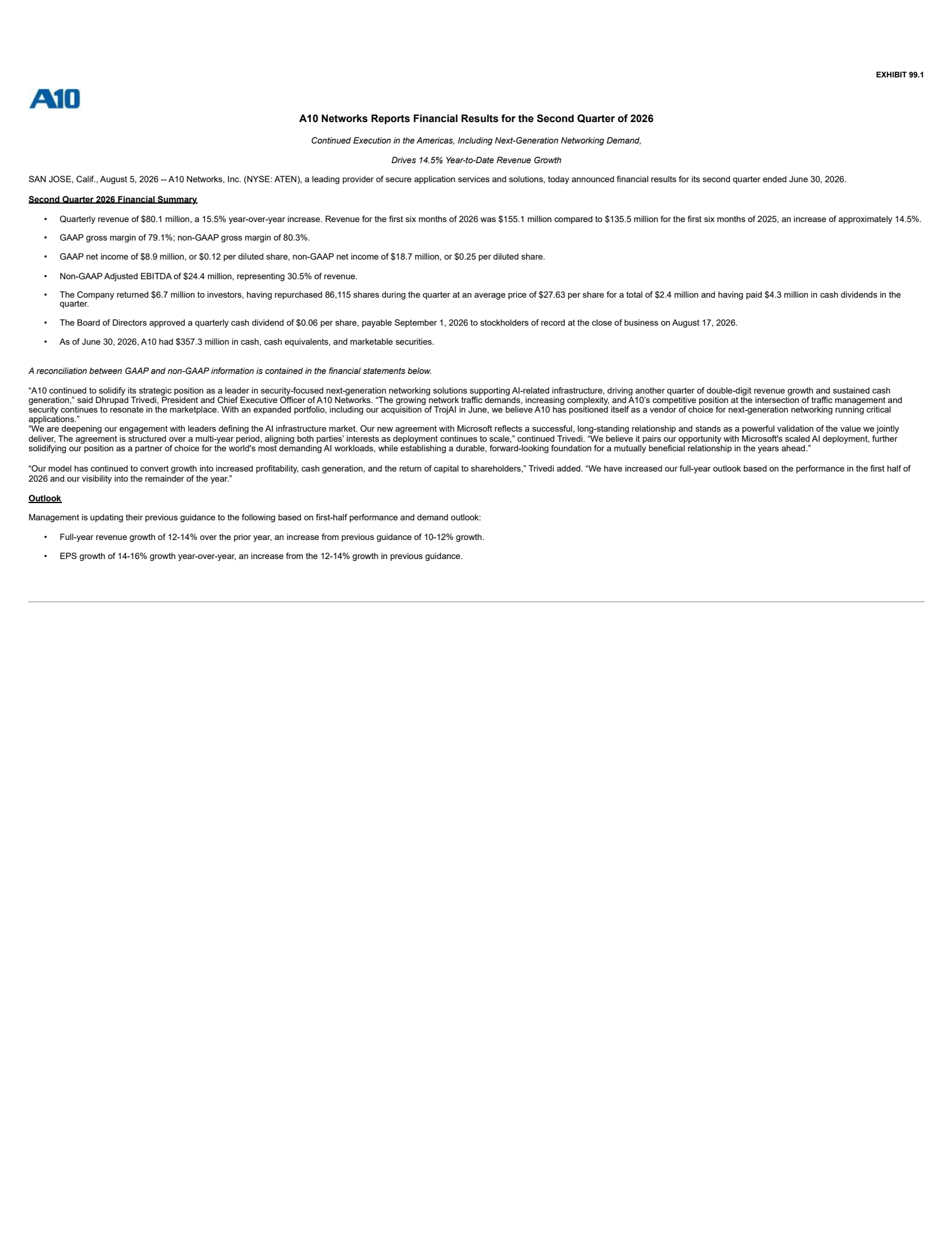A10 Networks' Q2 2026 Press Release