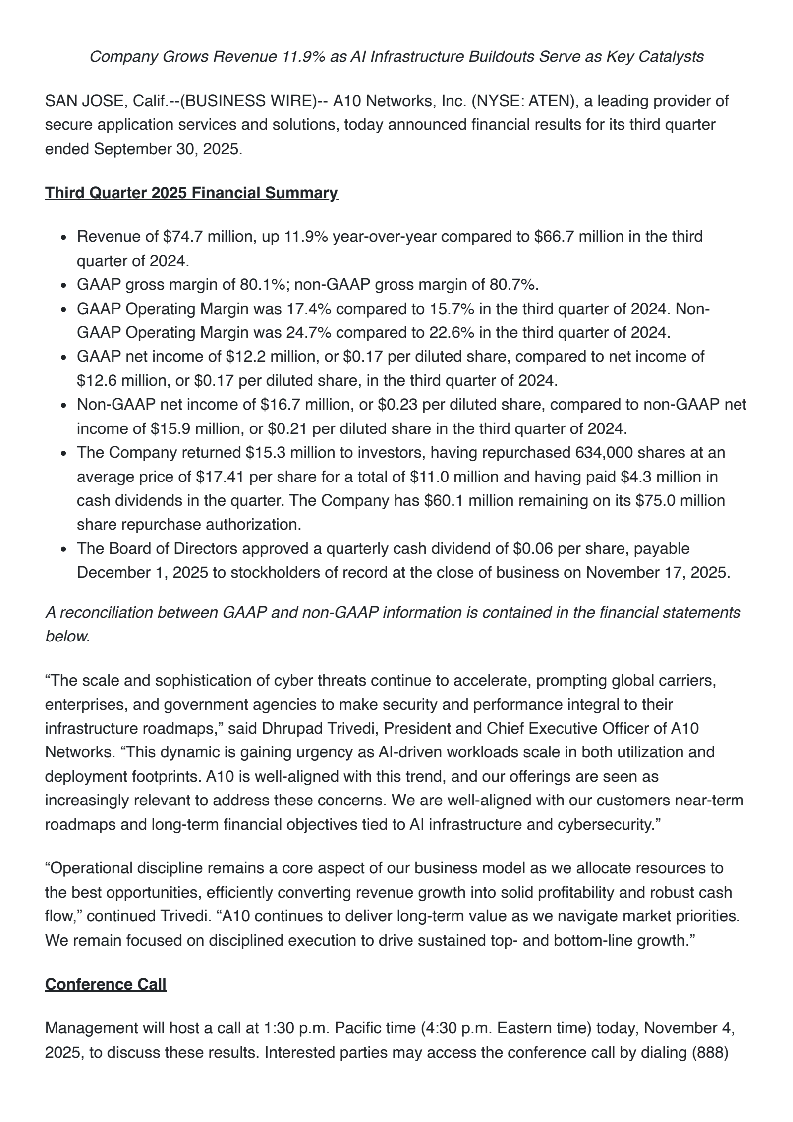 A10 Networks' Q3 2025 Earnings Release