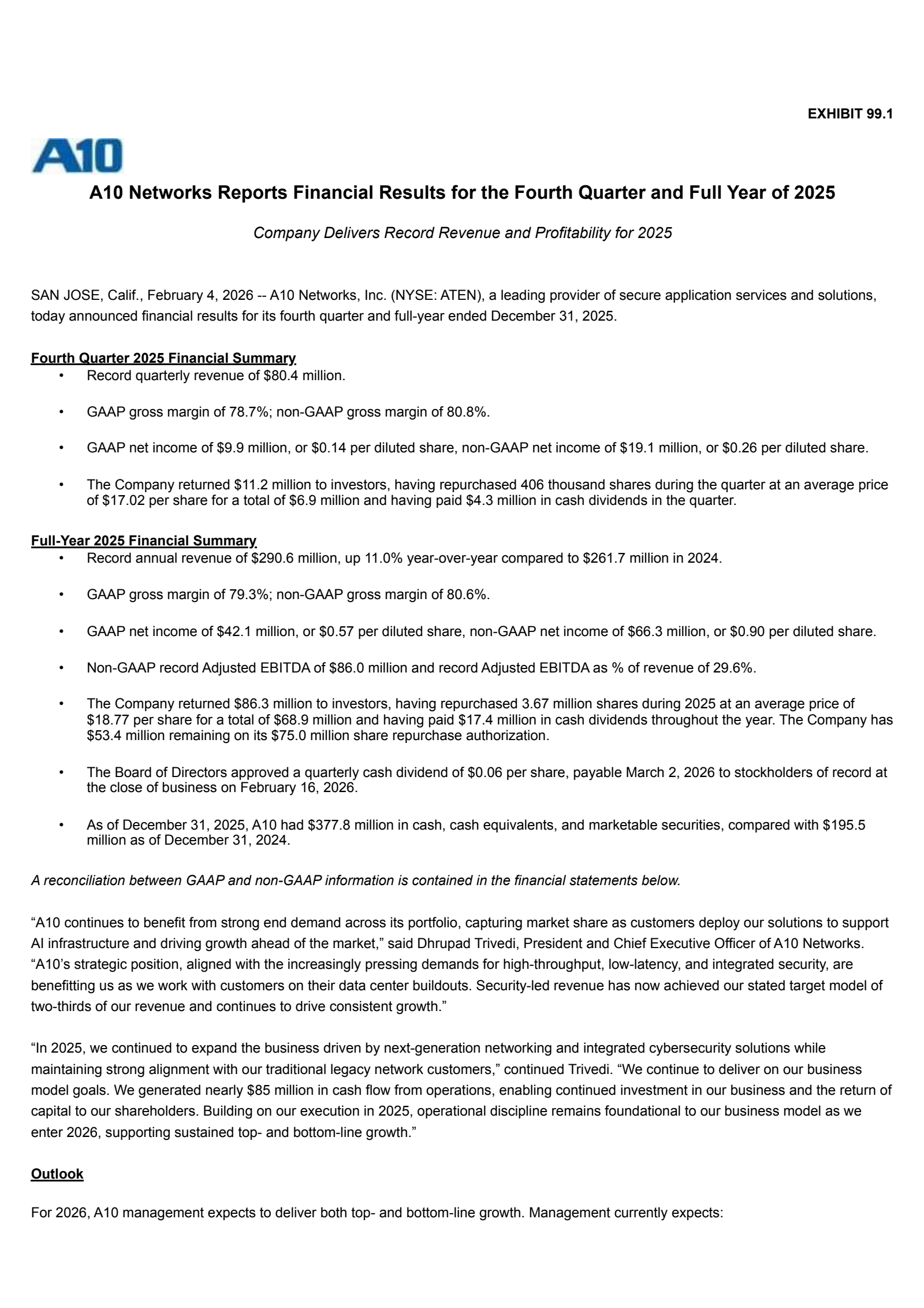 A10 Networks' Q4 2025 Press Release