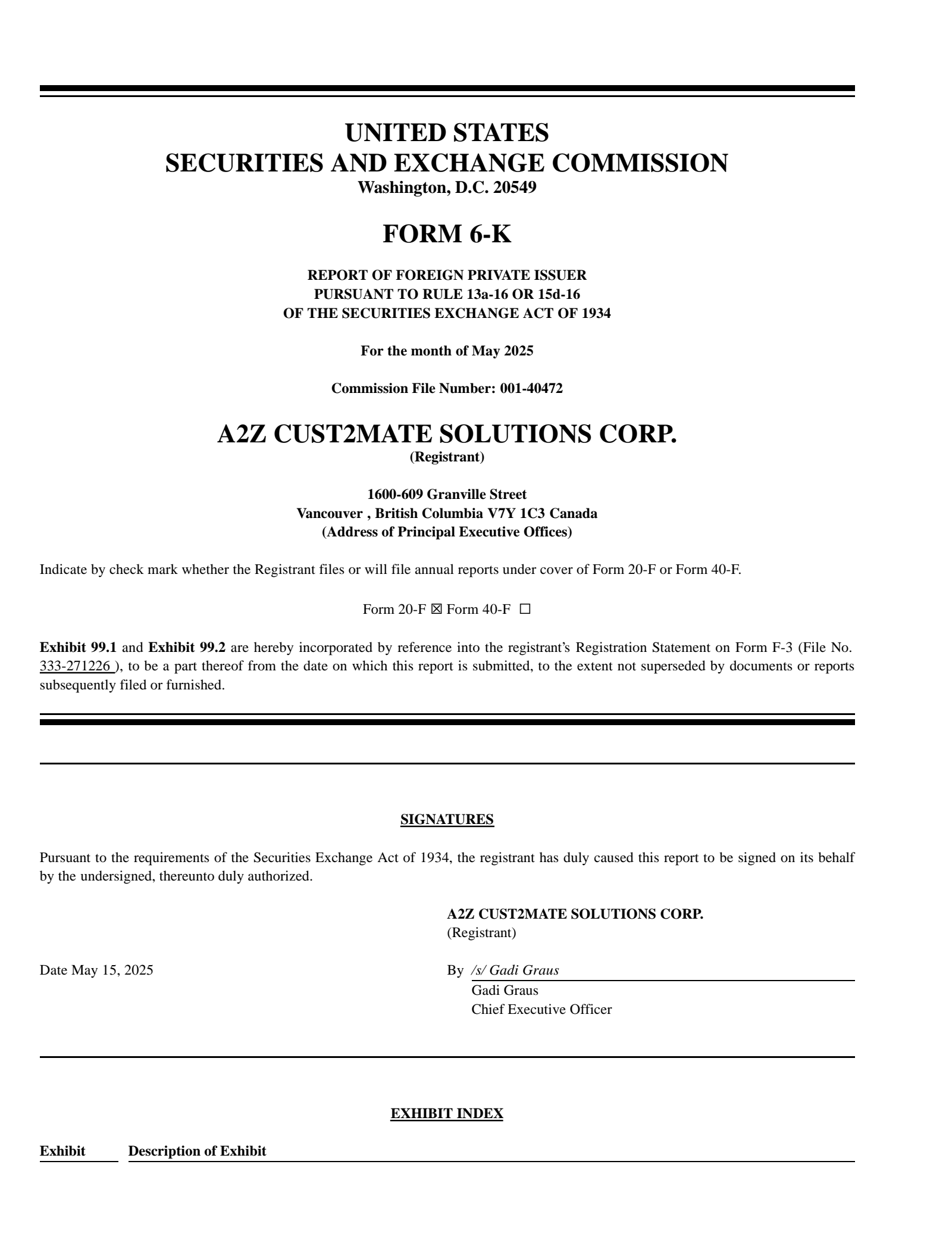 A2Z Cust2Mate Solutions' Q1 2025 Press Release