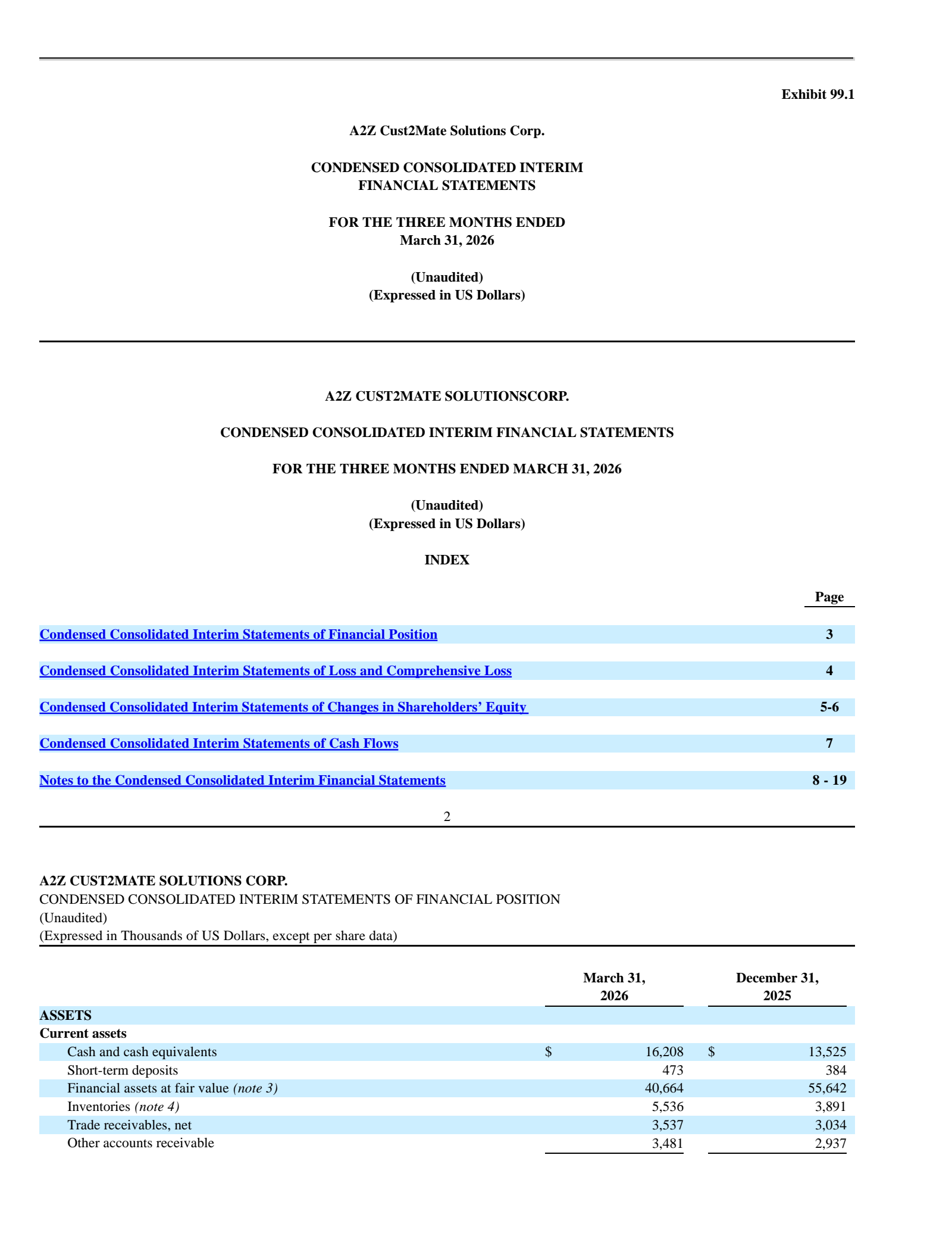 A2Z Cust2Mate Solutions' Q1 2026 Press Release