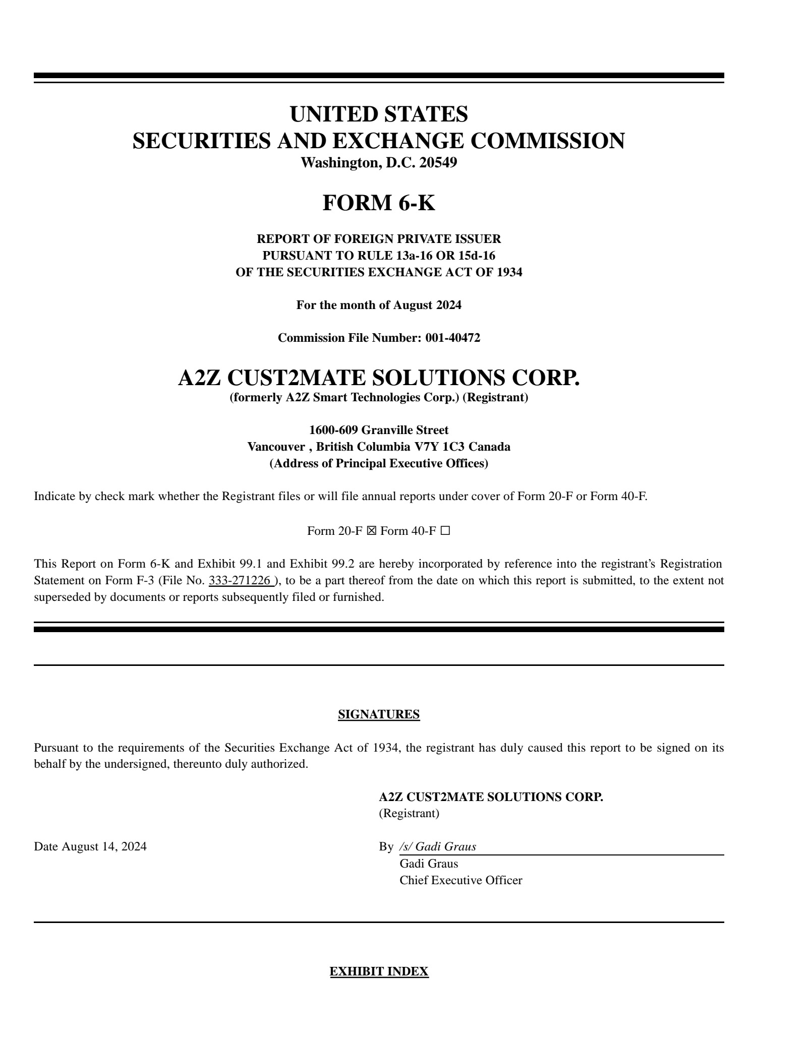 A2Z Cust2Mate Solutions' Q2 2024 Press Release