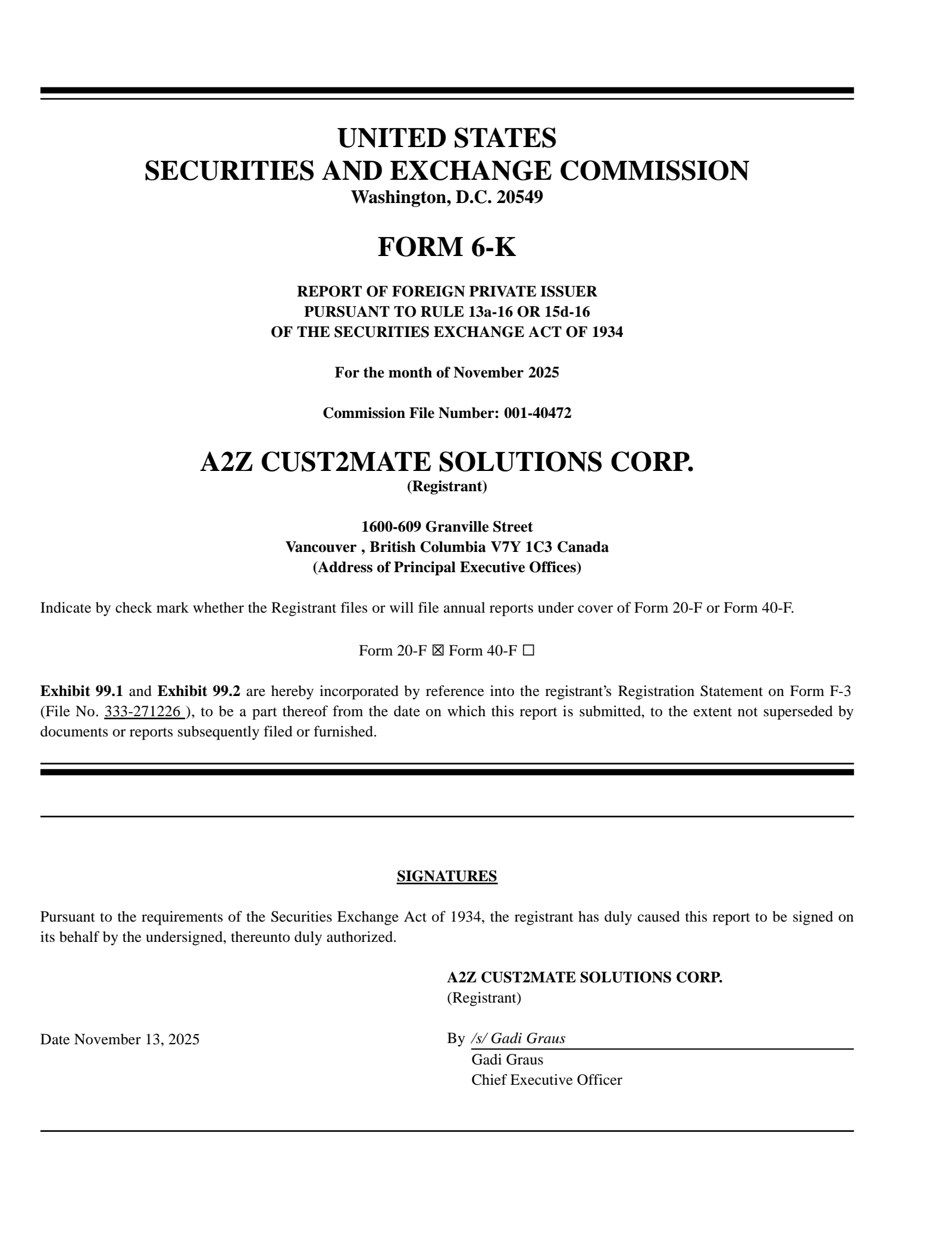 A2Z Cust2Mate Solutions' Q3 2025 Press Release