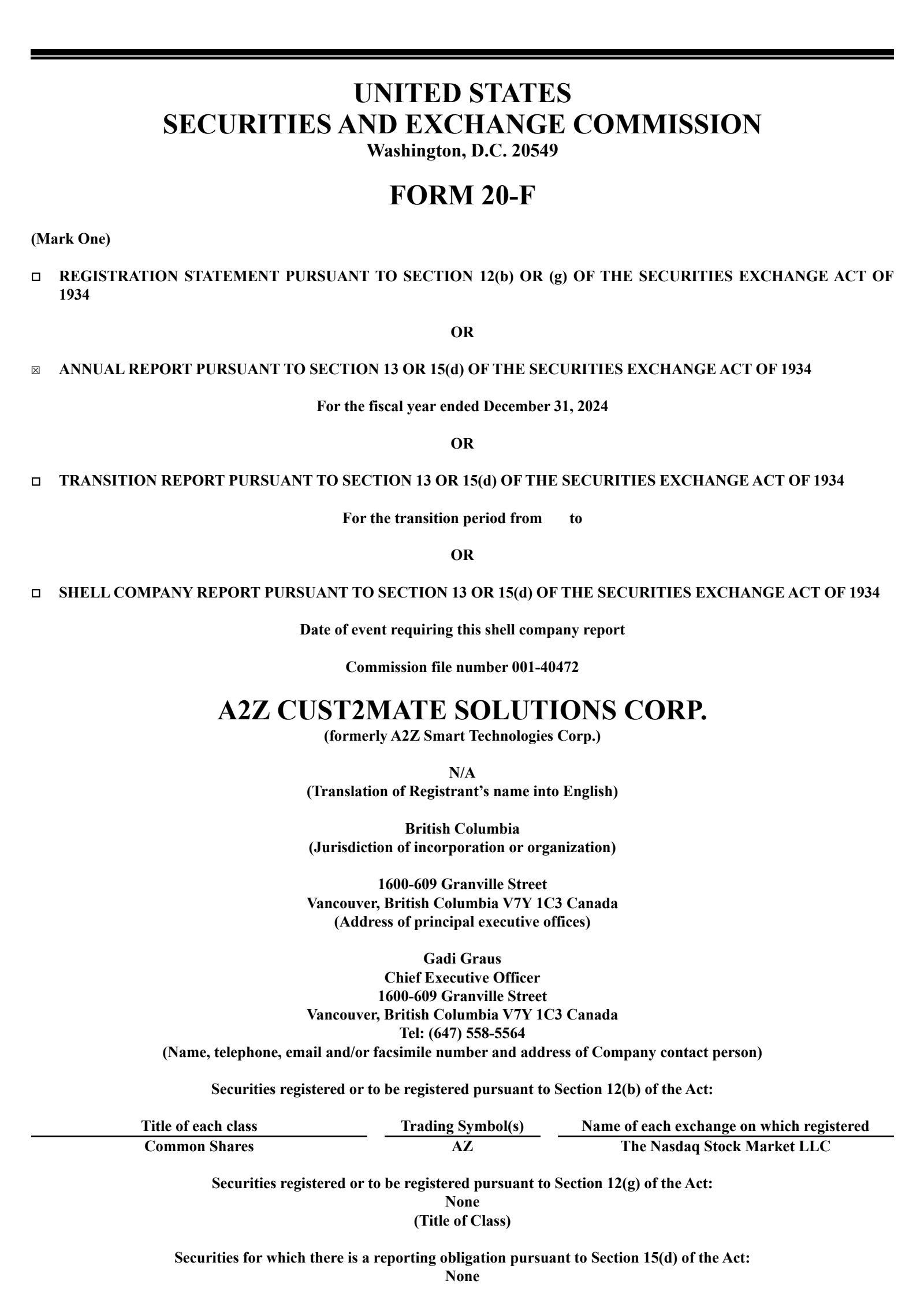 A2Z Cust2Mate Solutions' Q4 2024 Annual report