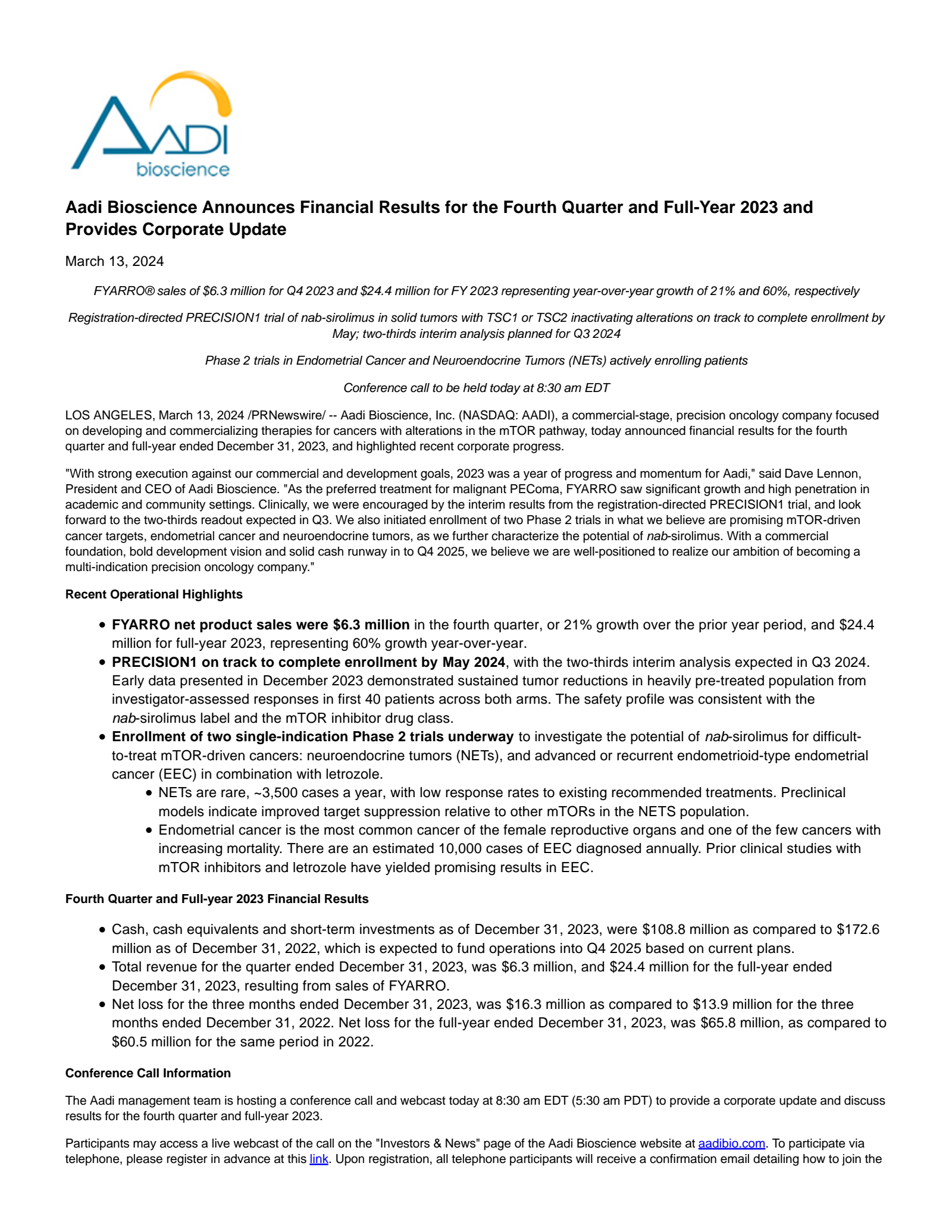 Aadi Bioscience's Q4 2023 Press Release