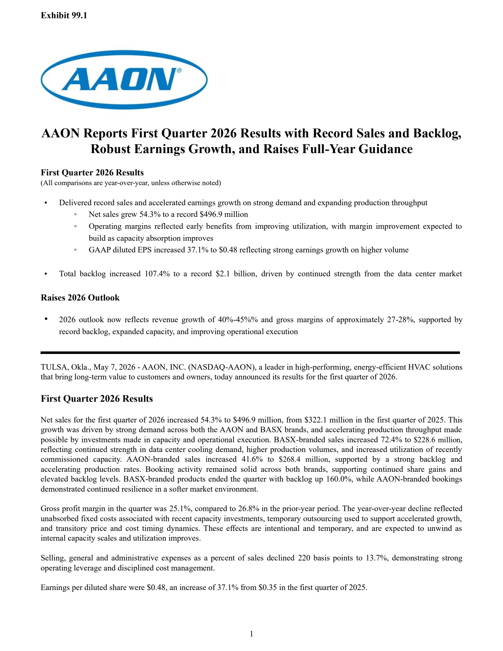 AAON's Q1 2026 Press Release
