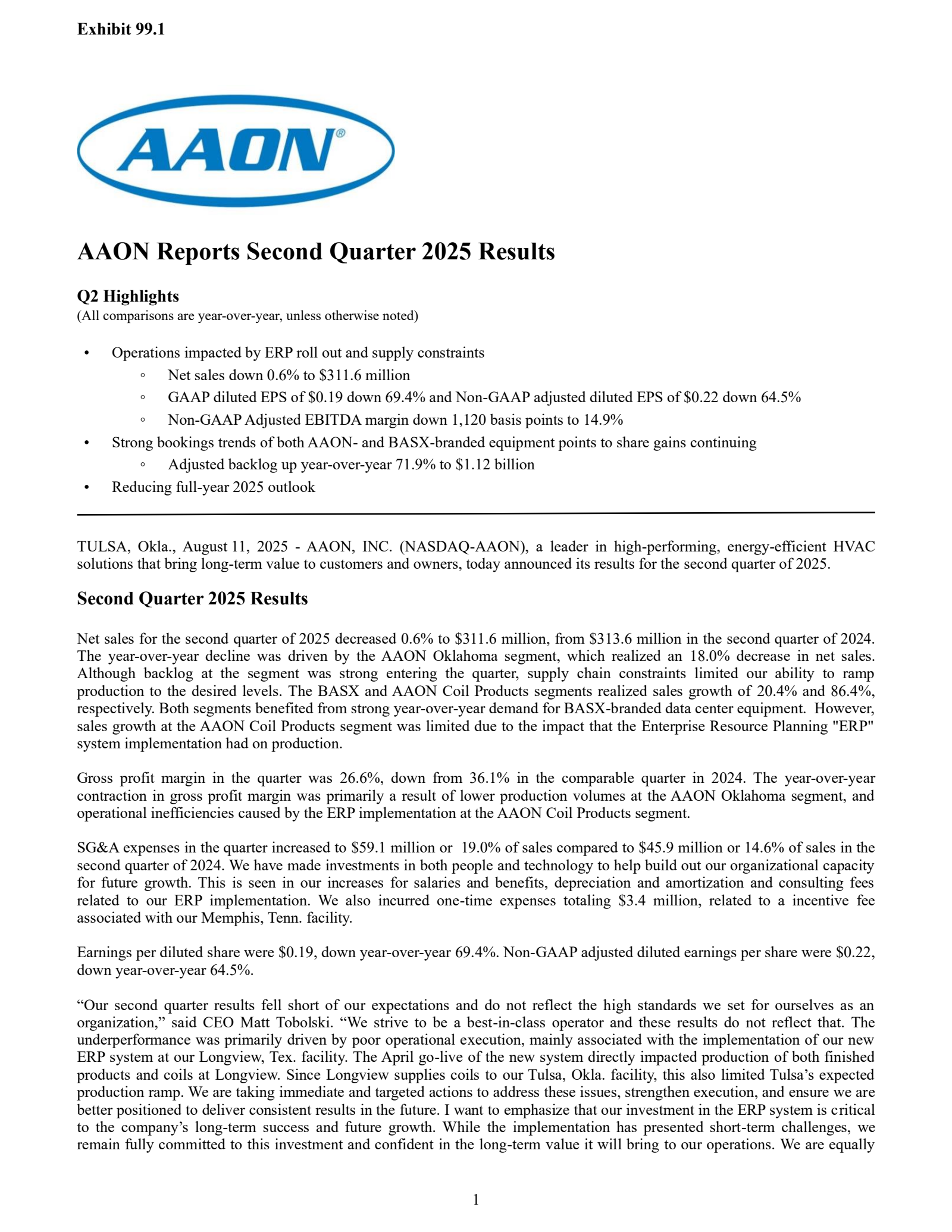 AAON's Q2 2025 Press Release