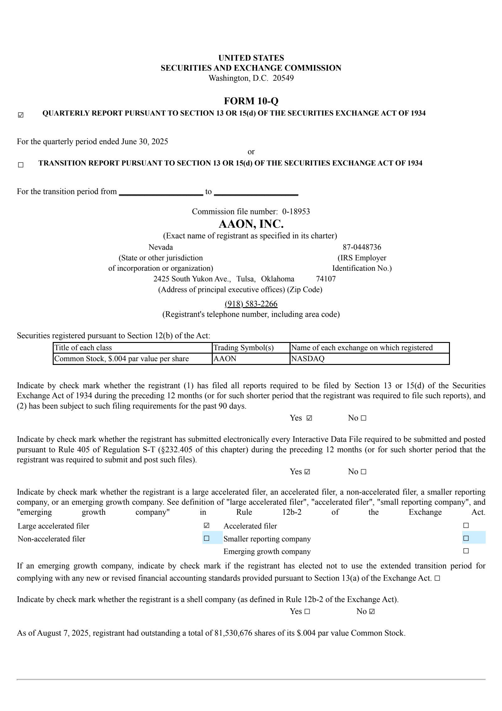 AAON's Q2 2025 Quarterly report