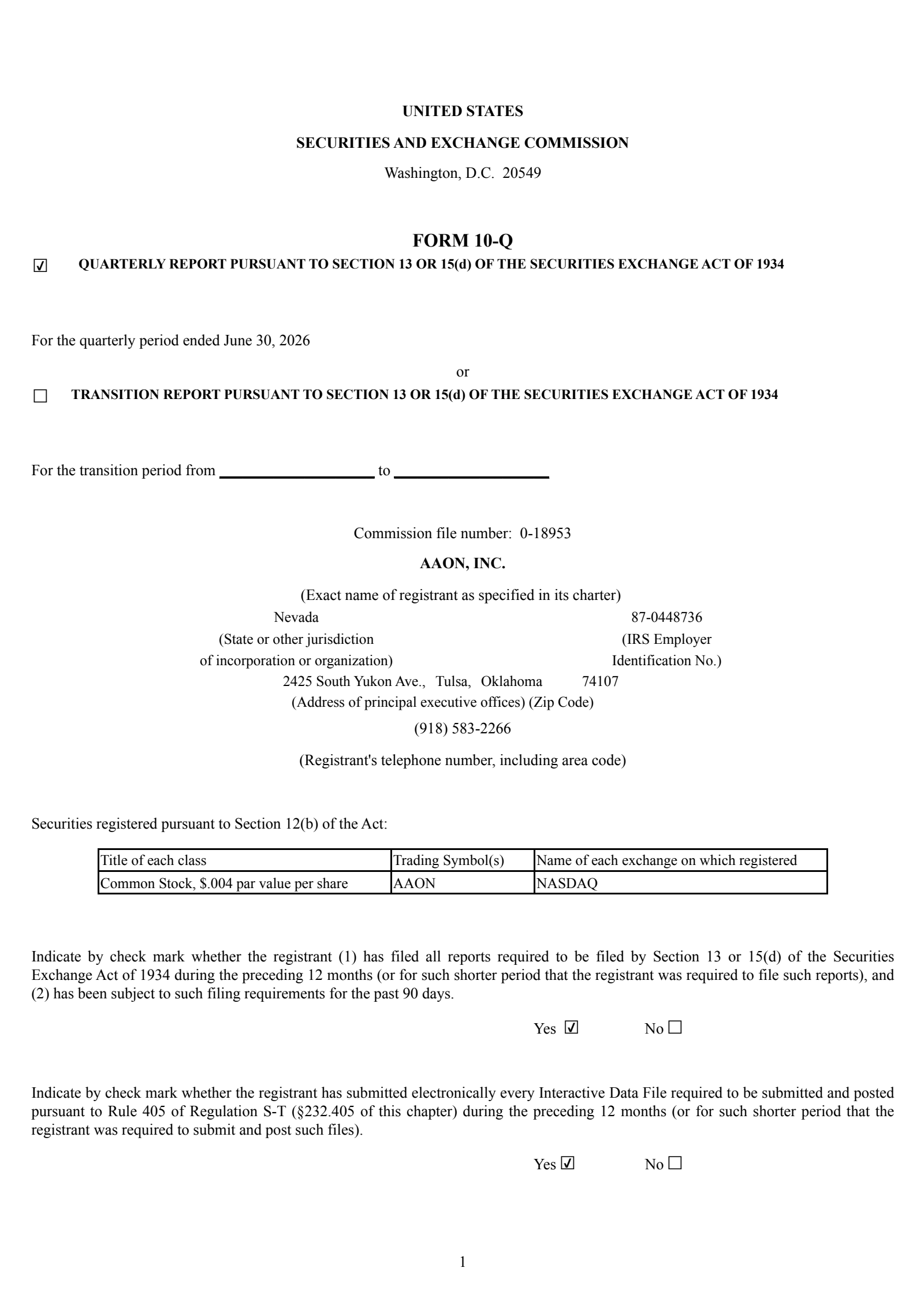 AAON's Q2 2026 Quarterly report
