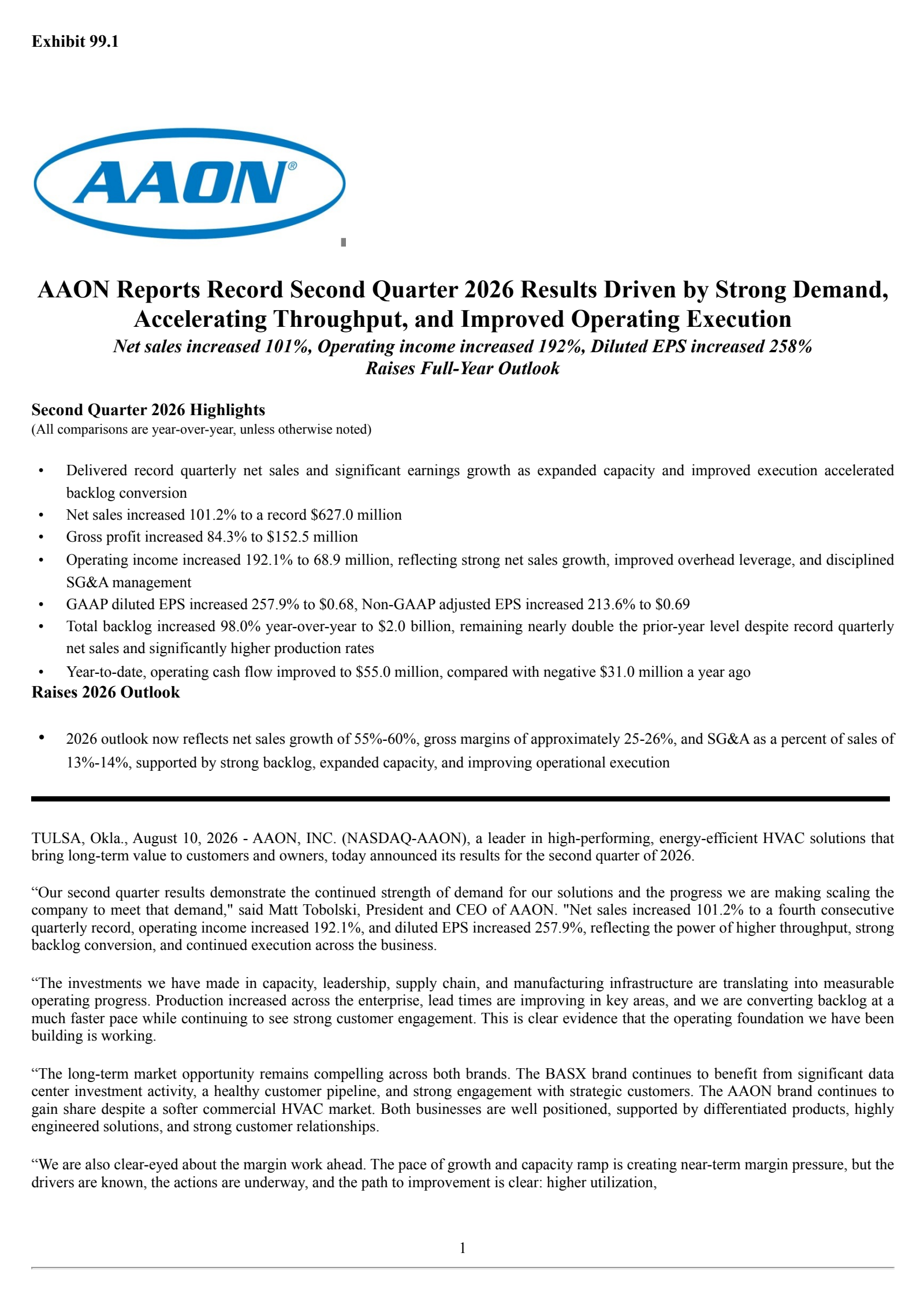 AAON's Q2 2026 Press Release