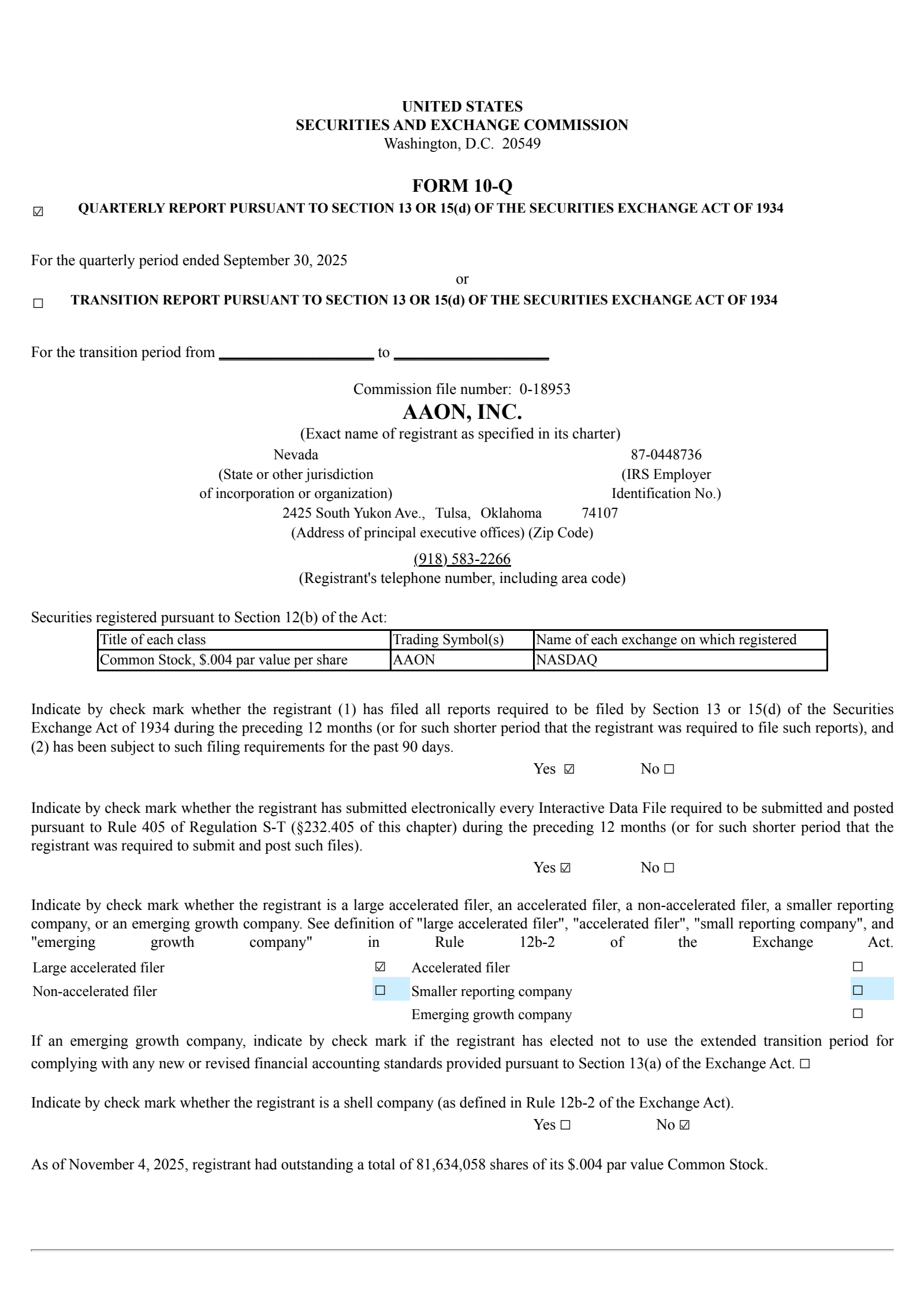 AAON's Q3 2025 Quarterly Report
