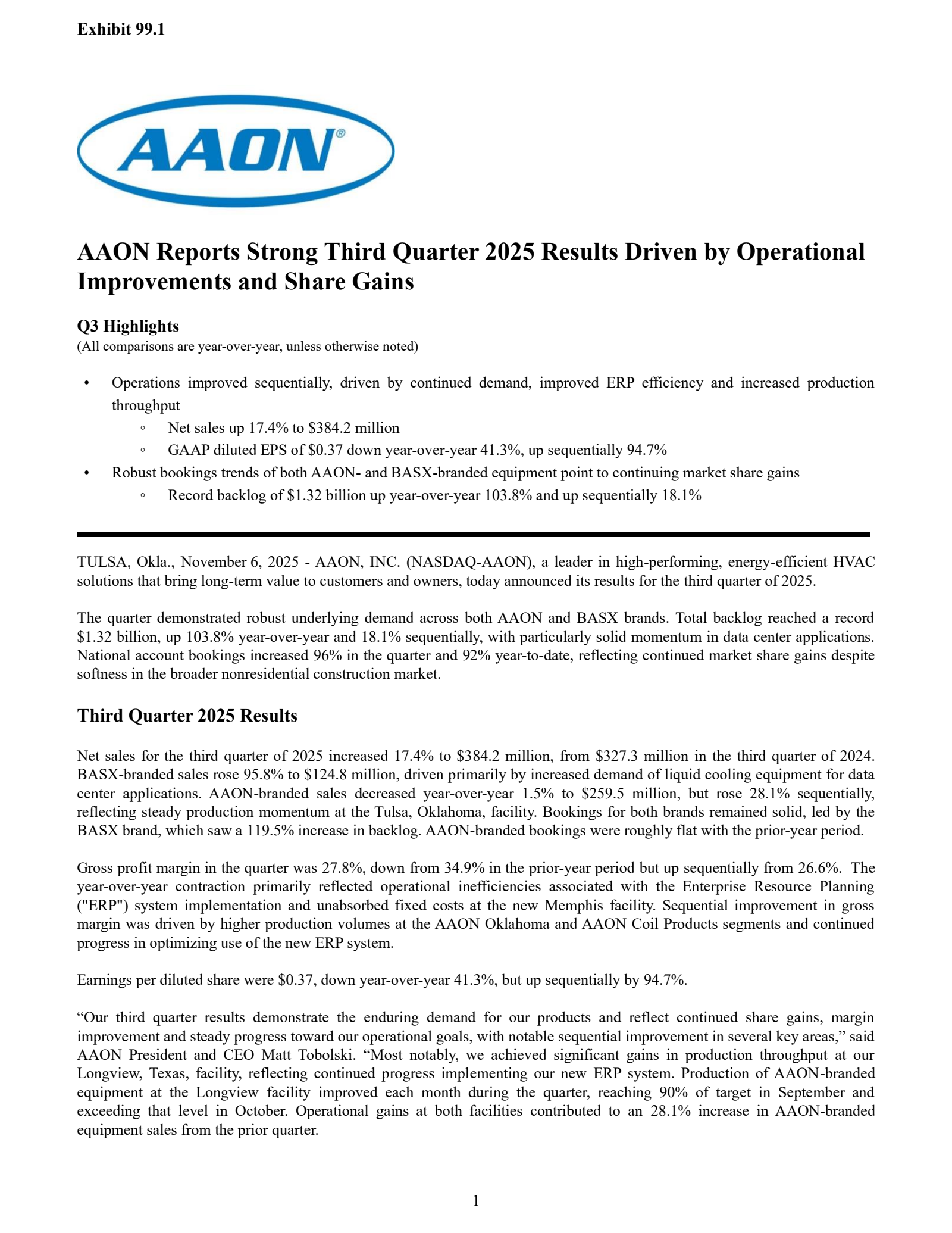 AAON's Q3 2025 Earnings Release