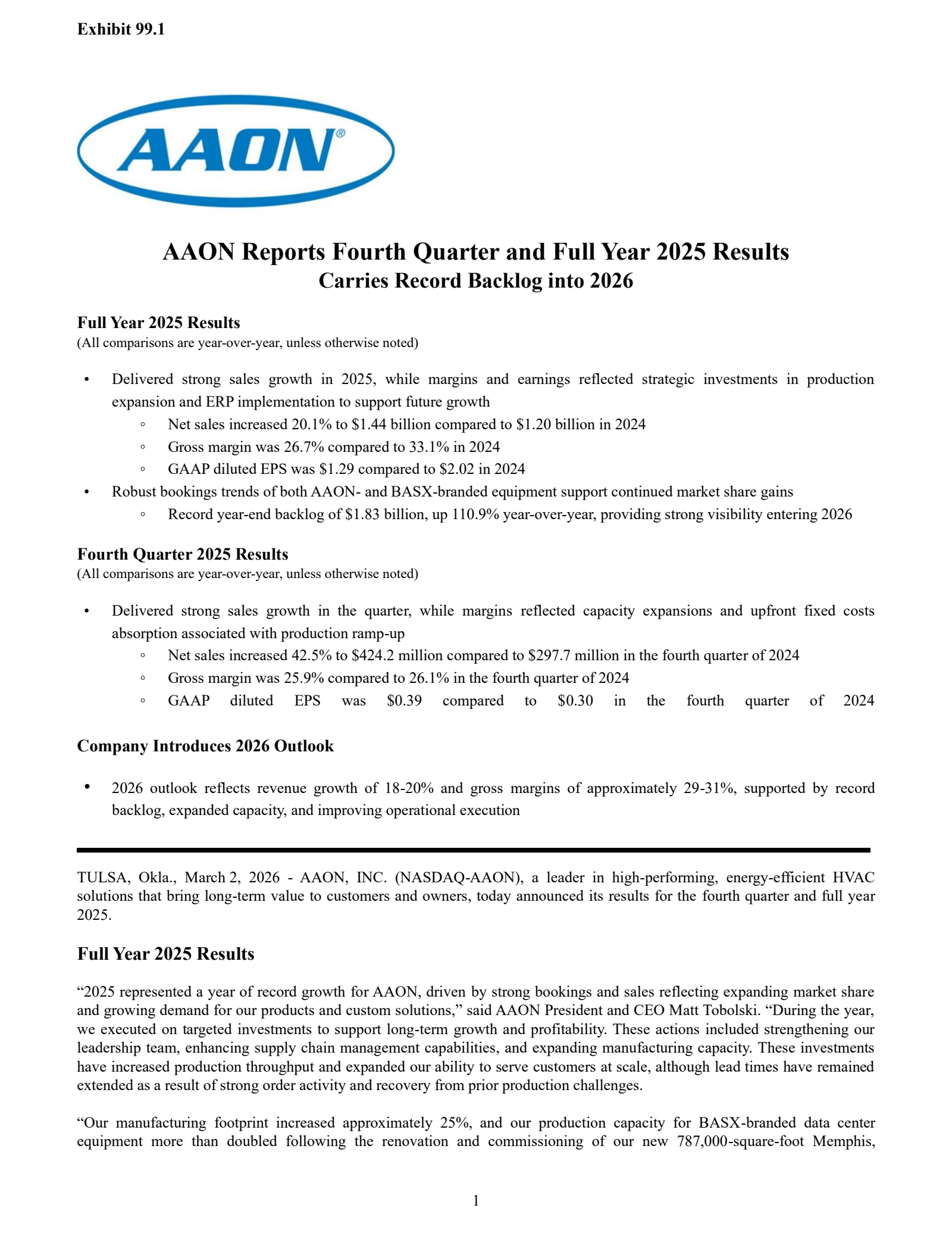 AAON's Q4 2025 Press Release
