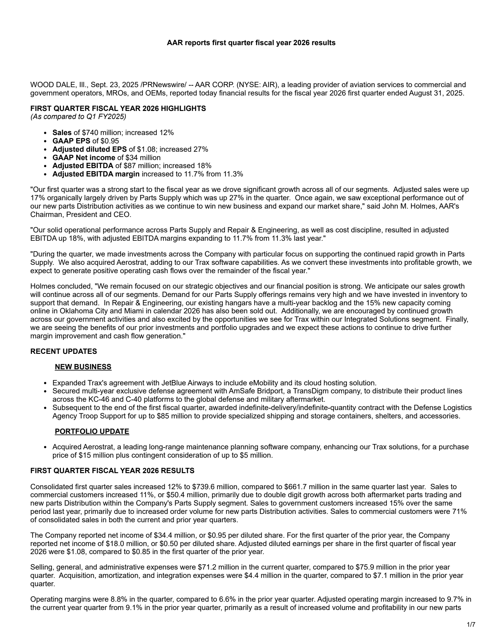 AAR's Q1 2026 Earnings Release