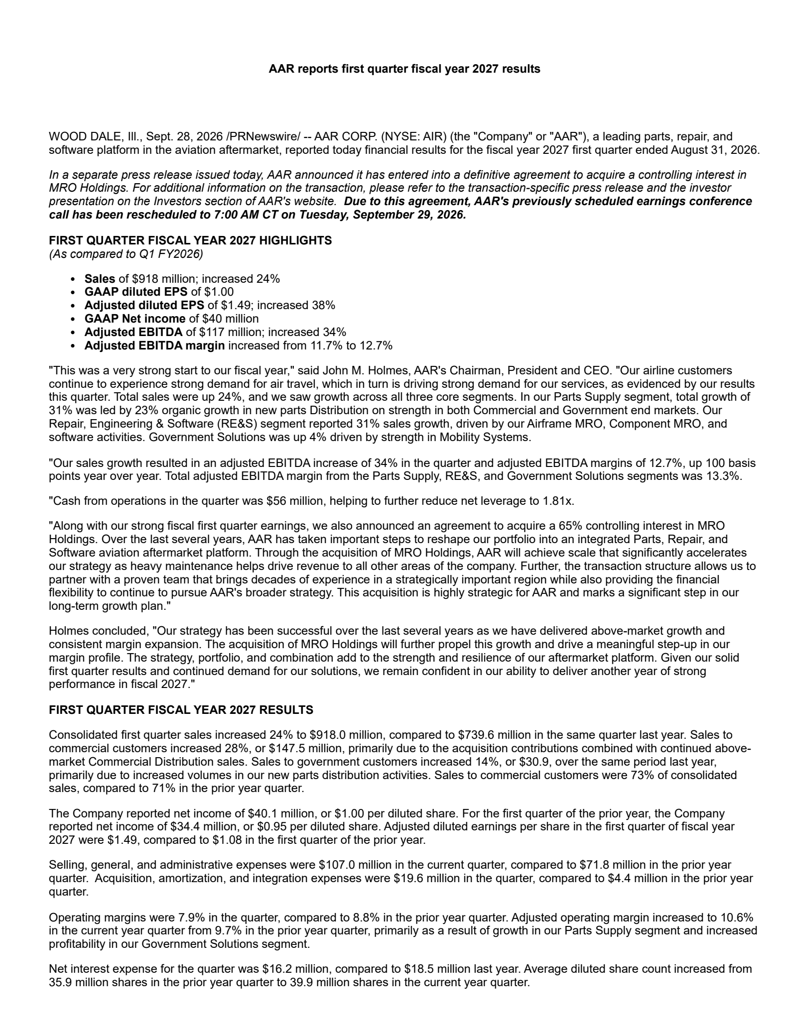 AAR's Q1 2027 & Acquisition Press Release