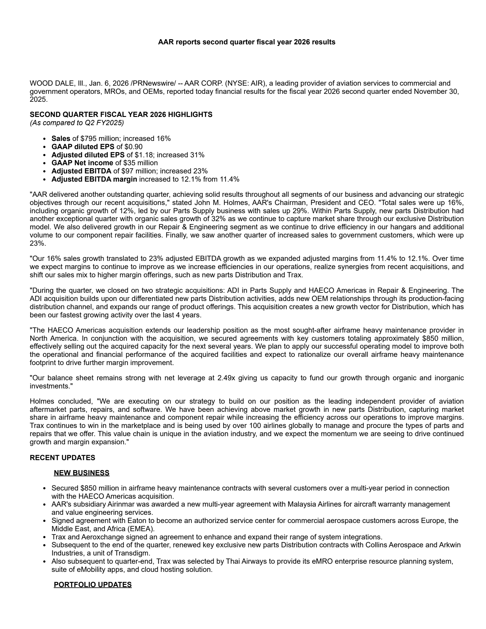 AAR's Q2 2026 Earnings Release