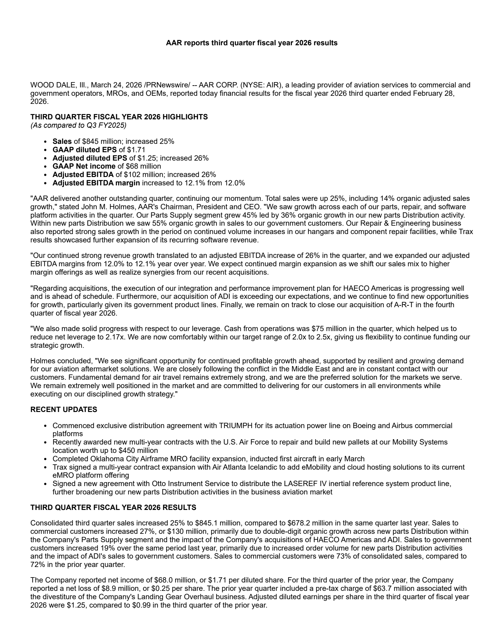 AAR's Q3 2026 Press Release