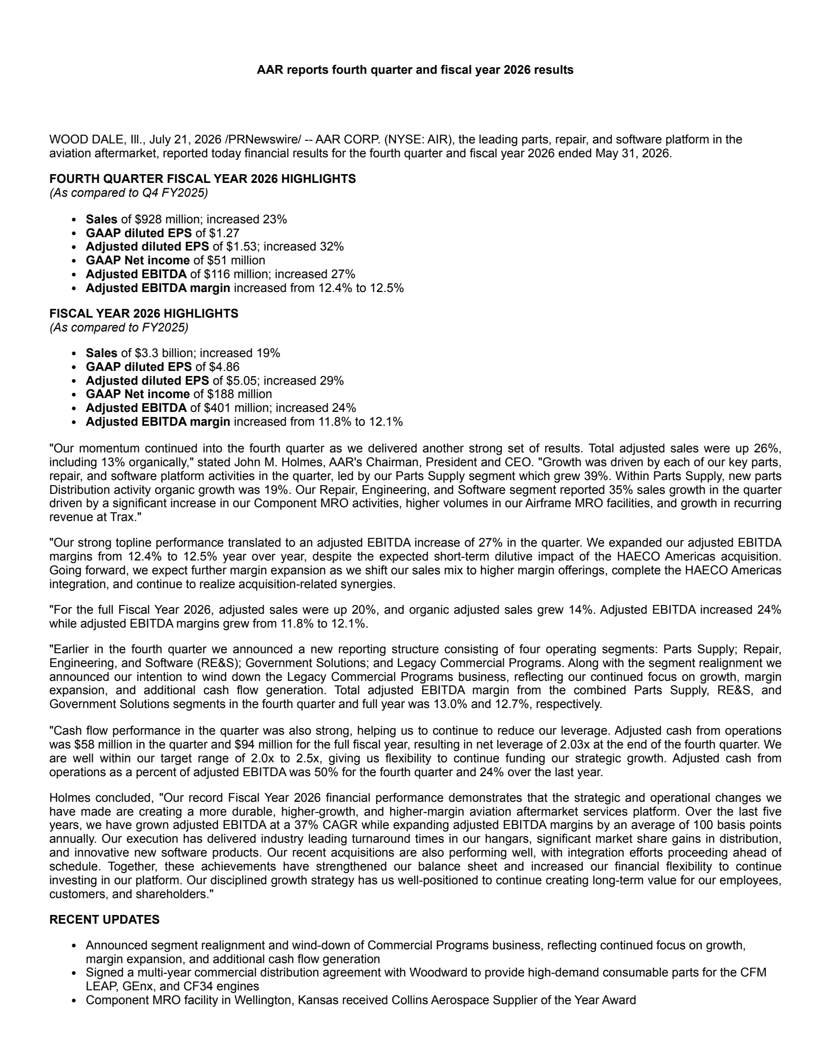 AAR's Q4 2026 Press Release