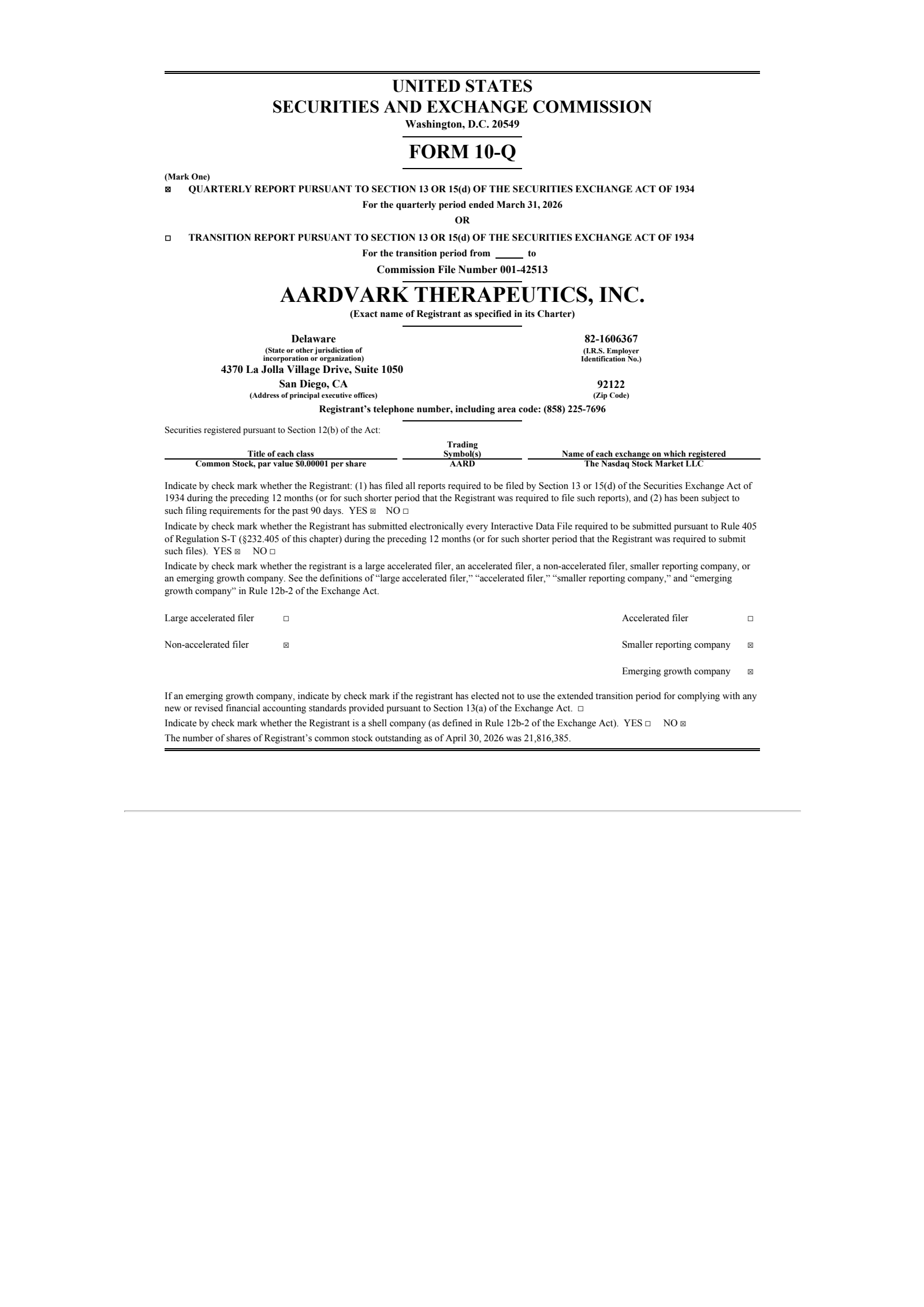 Aardvark Therapeutics' Q1 2026 Quarterly report