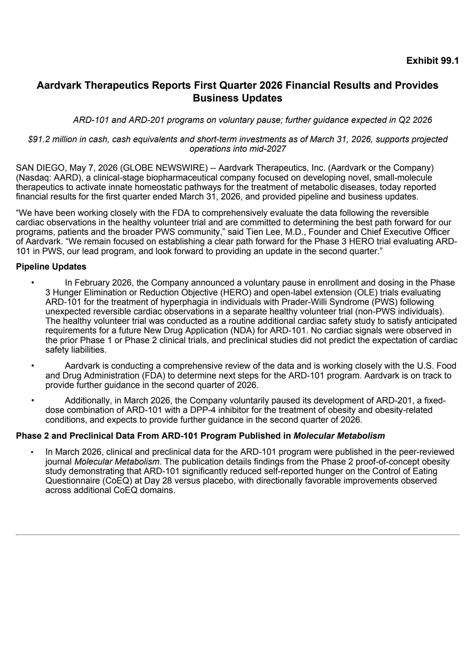 Aardvark Therapeutics' Q1 2026 Press Release