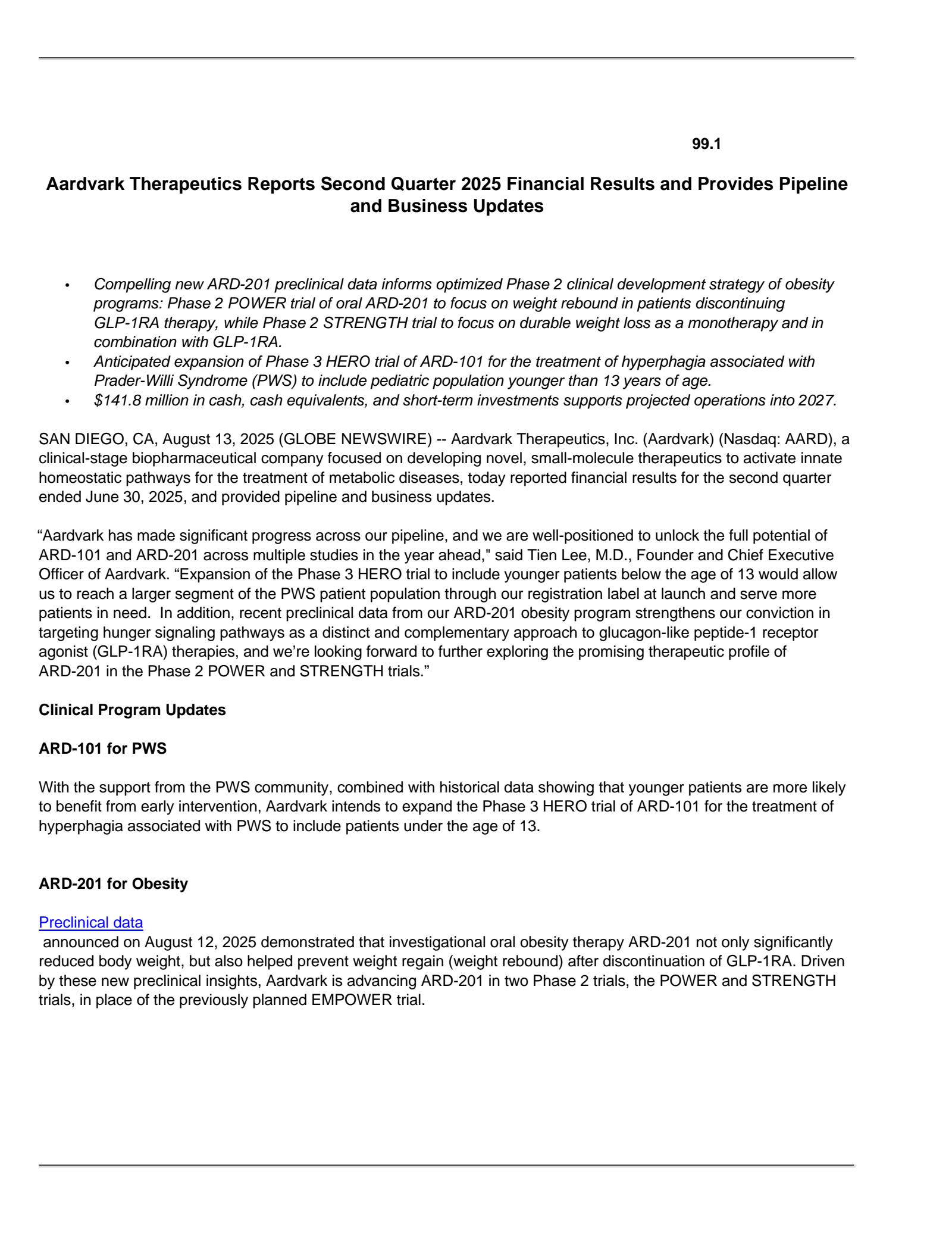 Aardvark Therapeutics' Q2 2025 Press Release
