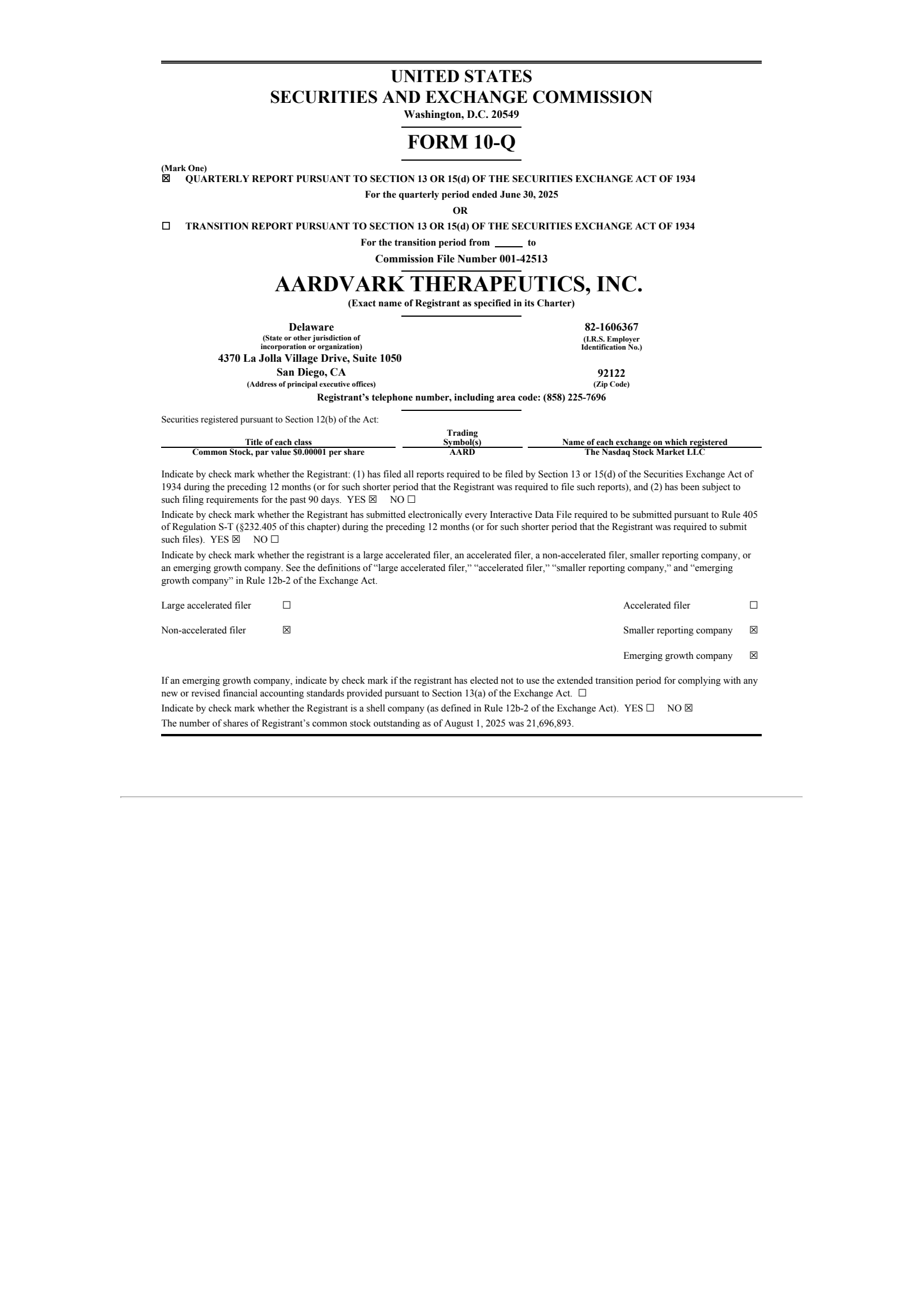 Aardvark Therapeutics' Q2 2025 Quarterly Report