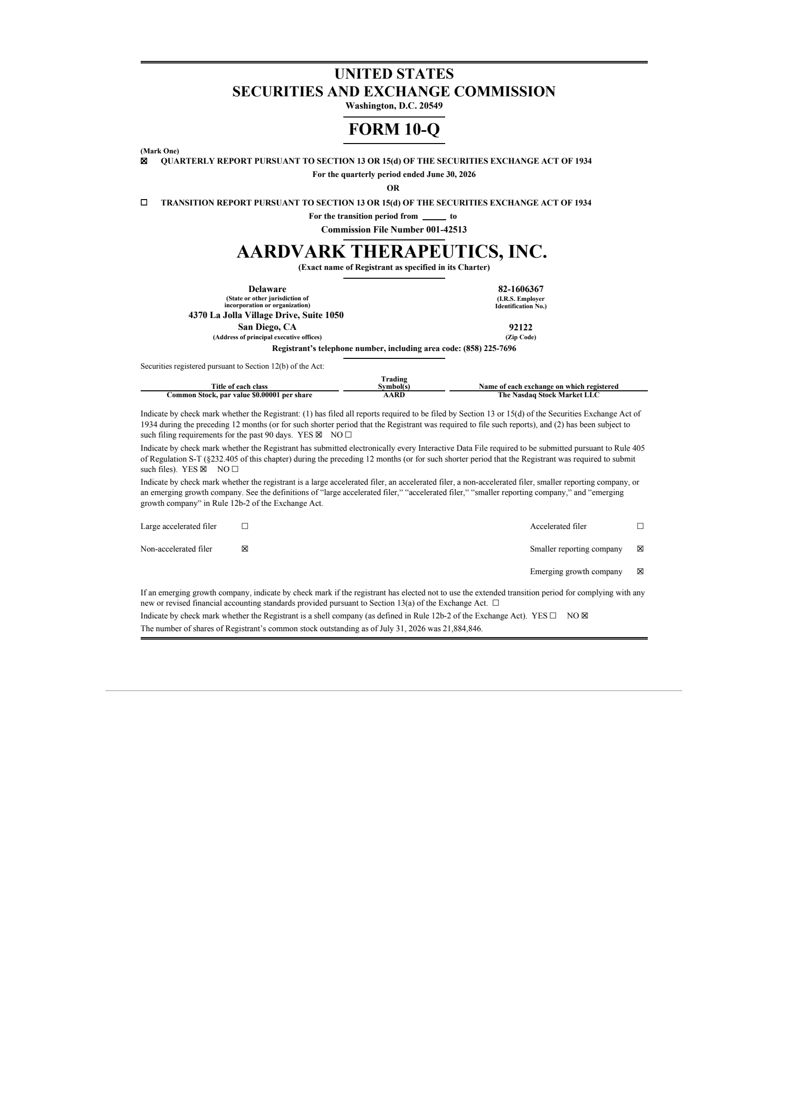Aardvark Therapeutics' Q2 2026 Quarterly report