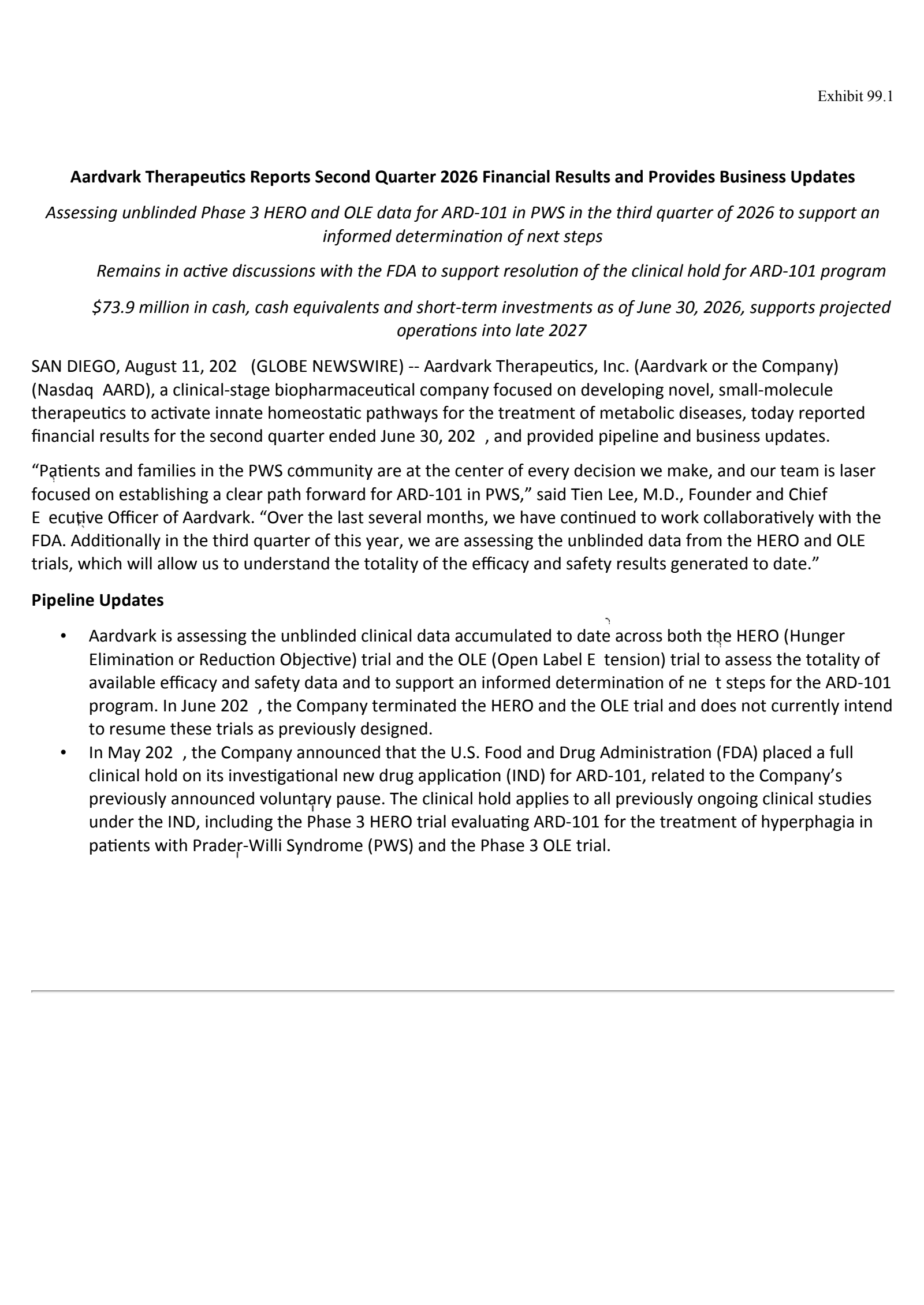 Aardvark Therapeutics' Q2 2026 Press Release