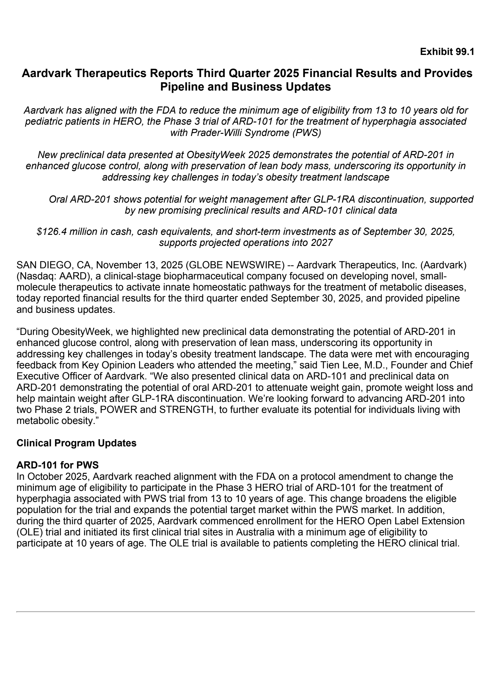 Aardvark Therapeutics' Q3 2025 Earnings Release