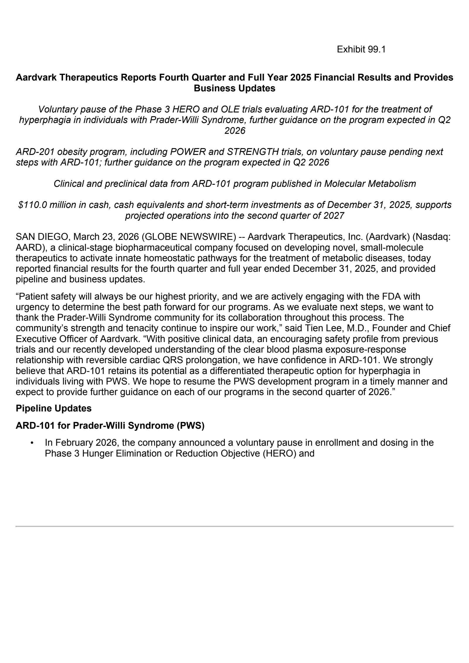 Aardvark Therapeutics' Q4 2025 Press Release
