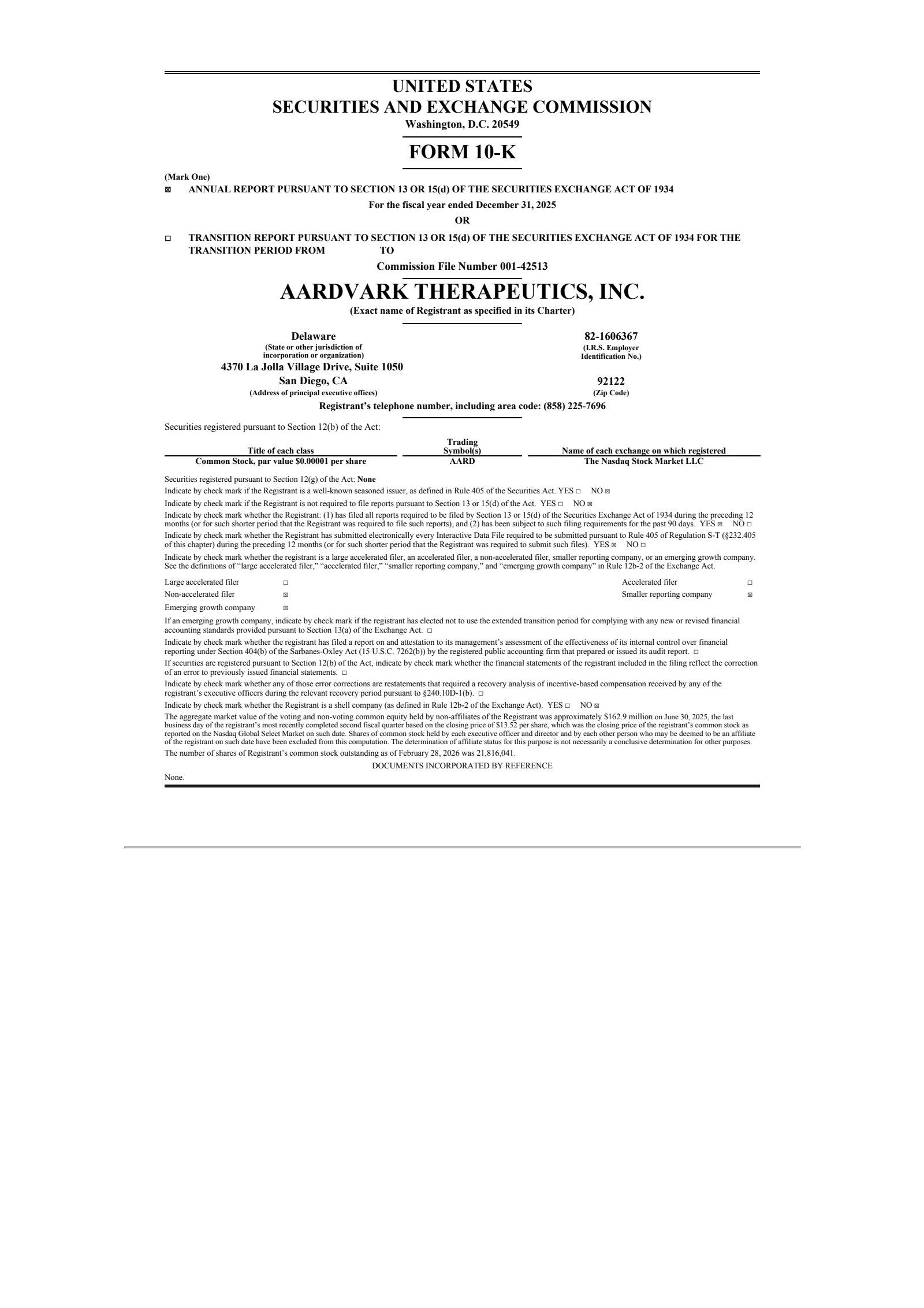 Aardvark Therapeutics' Q4 2025 Annual report