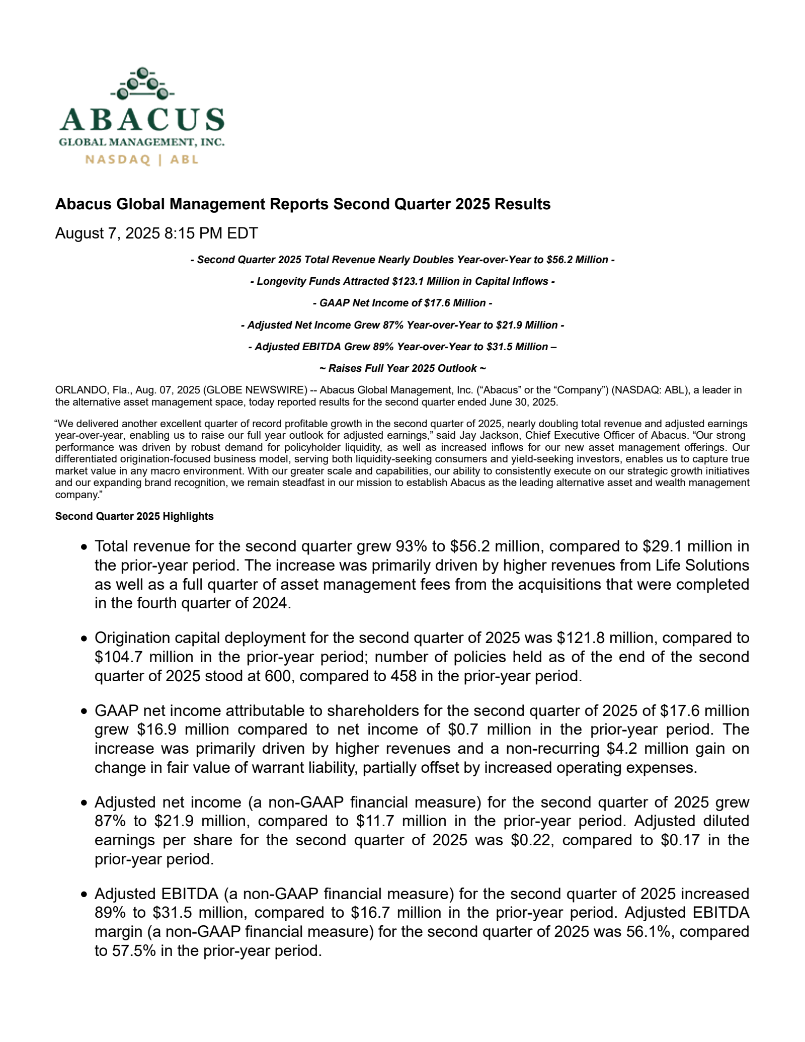 Abacus Life's Q2 2025 Press Release