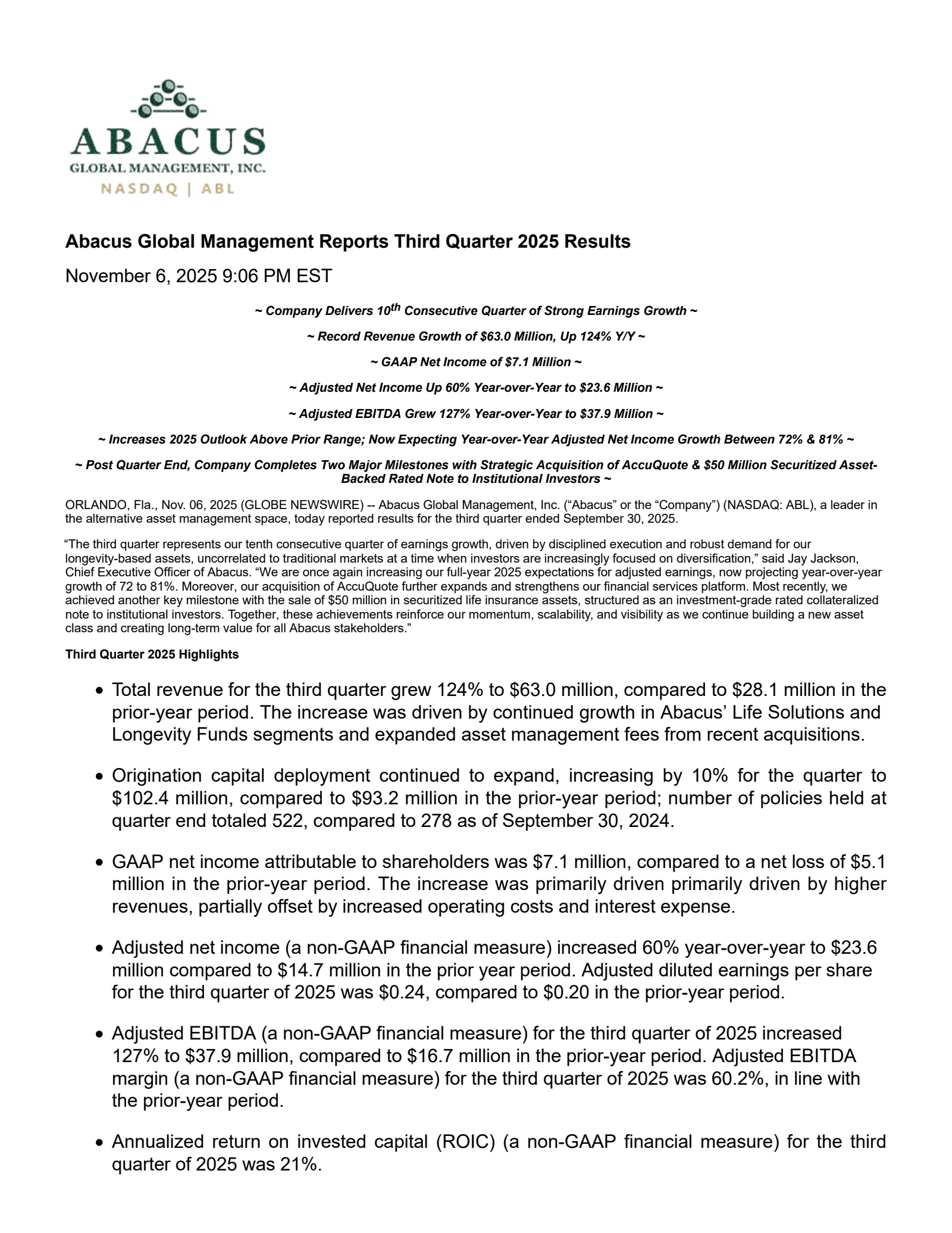 Abacus Life's Q3 2025 Earnings Release