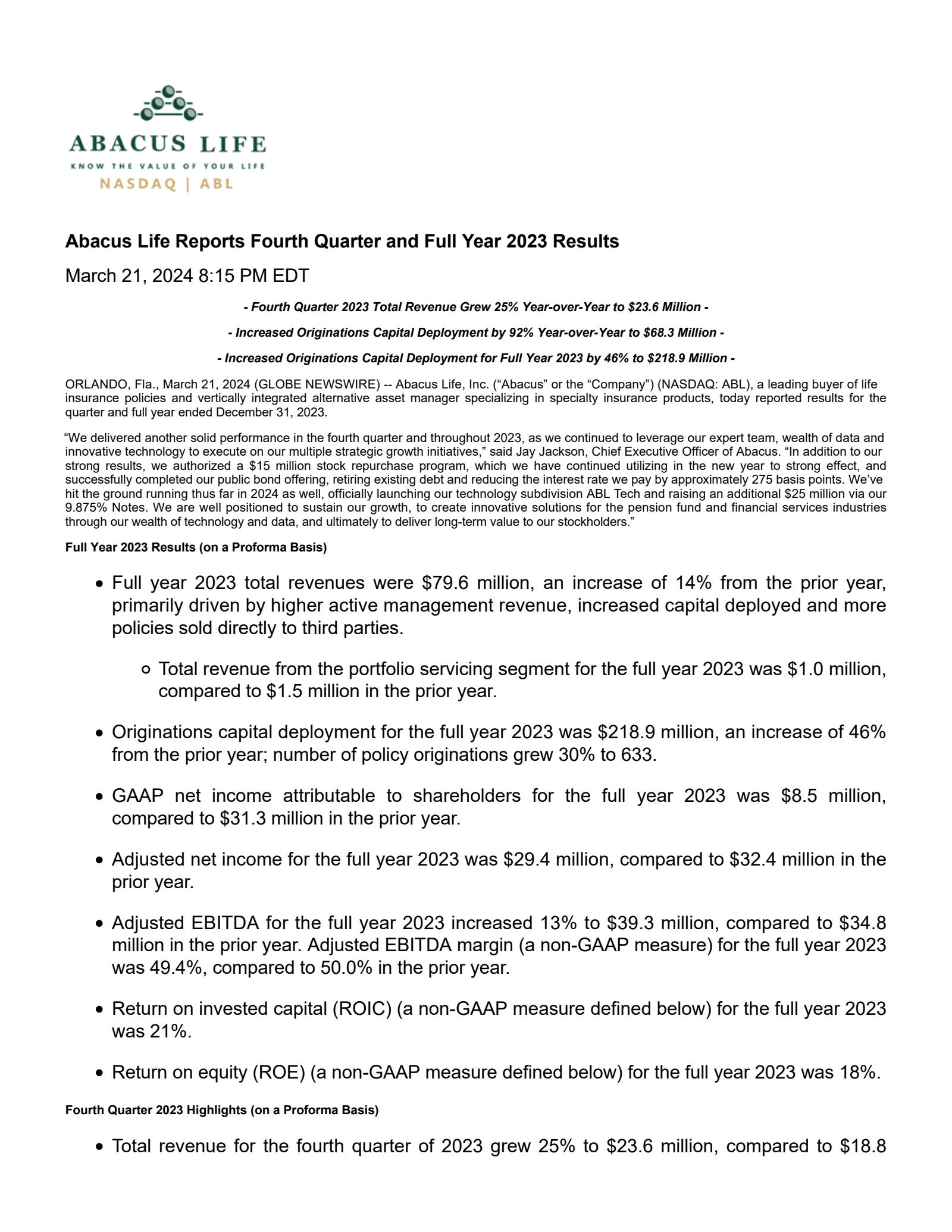 Abacus Life's Q4 2023 Press Release