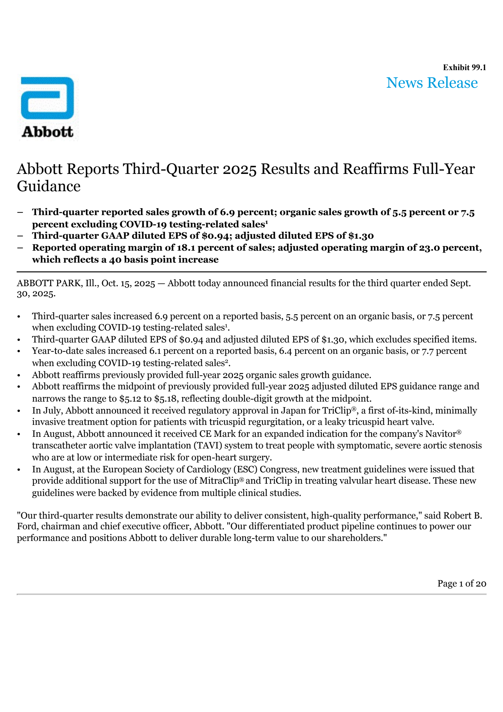 Abbott Laboratories' Q3 2025 Earnings Release
