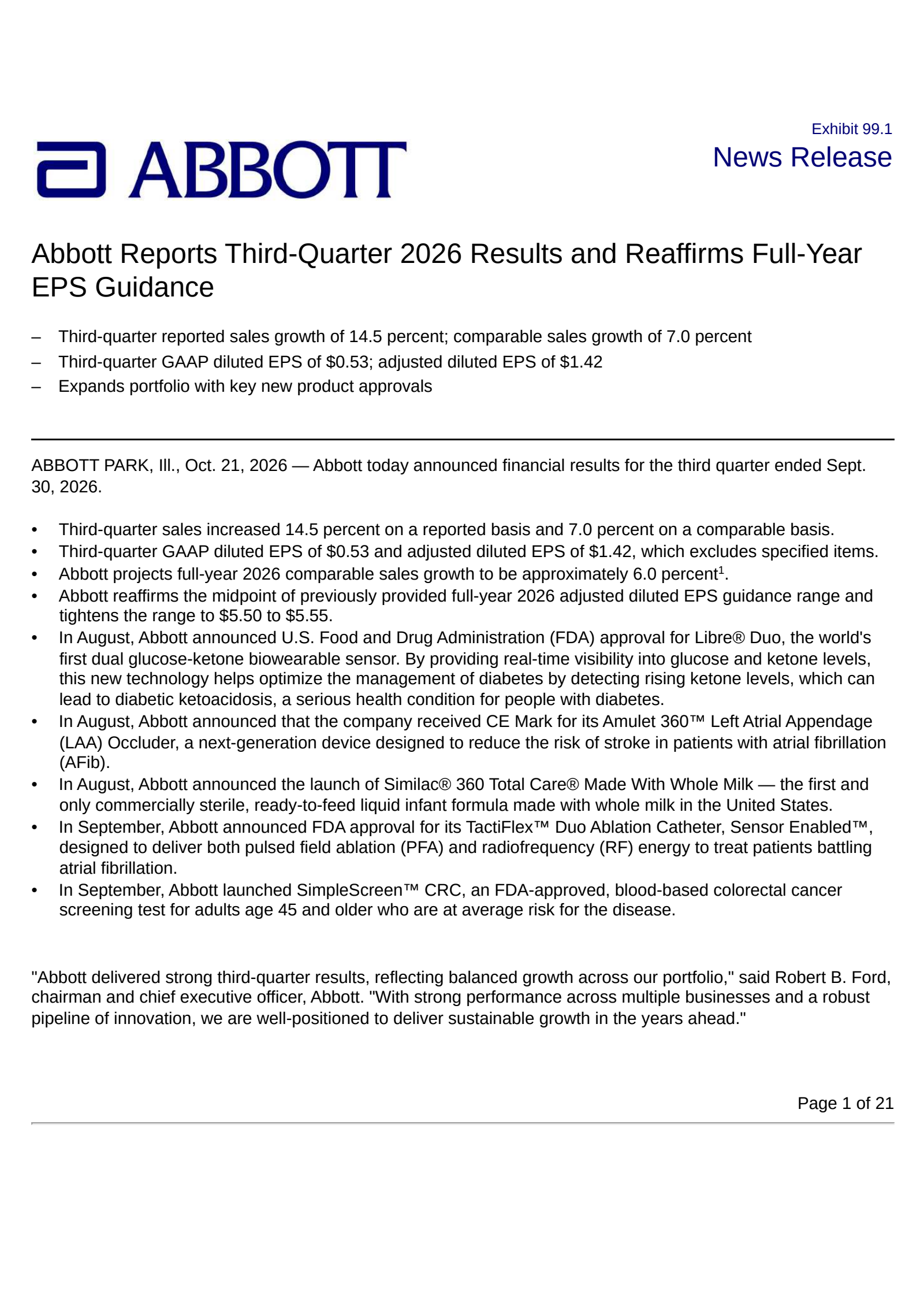 Abbott Laboratories (ABT) Q3 2026 Earnings Results & Call Transcript