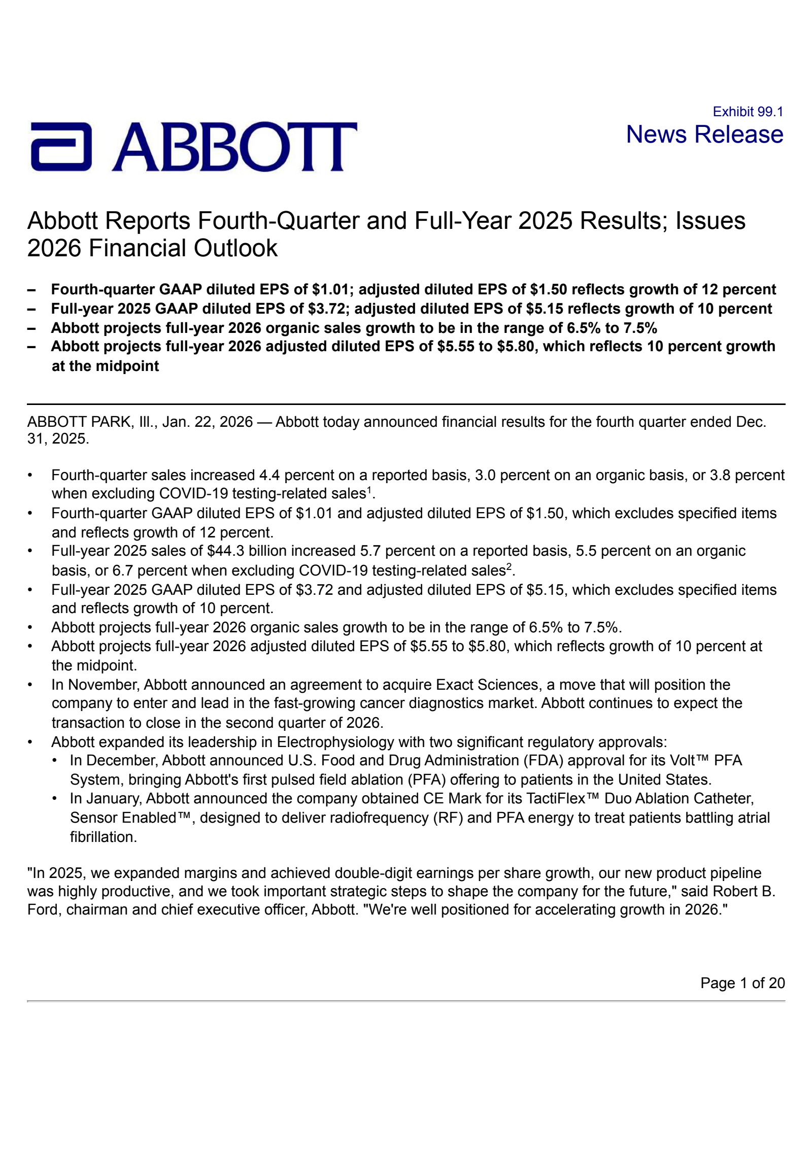 Abbott Laboratories' Q4 2025 Press Release