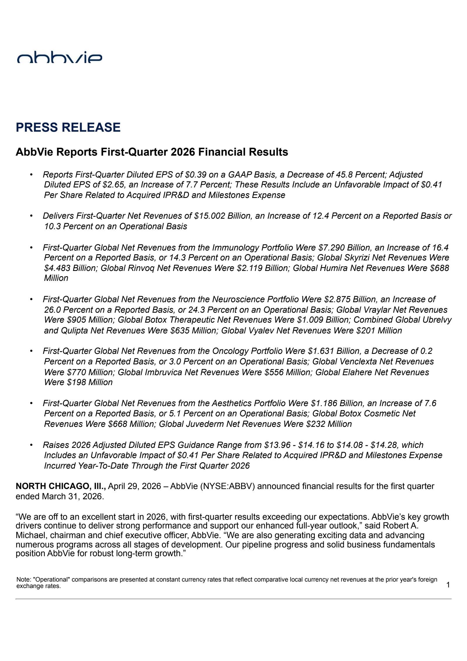 AbbVie's Q1 2026 Press Release