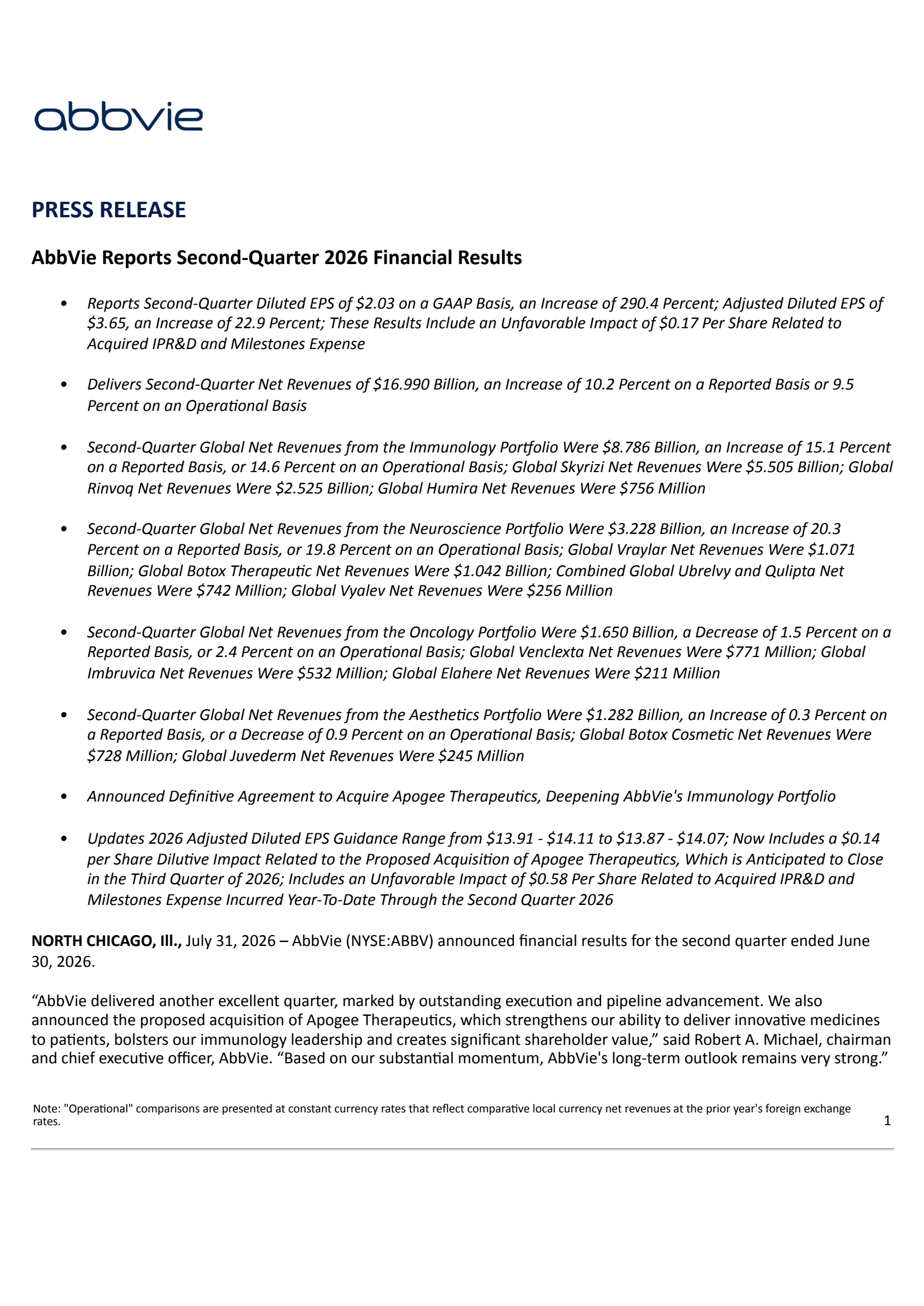 AbbVie's Q2 2026 Press Release