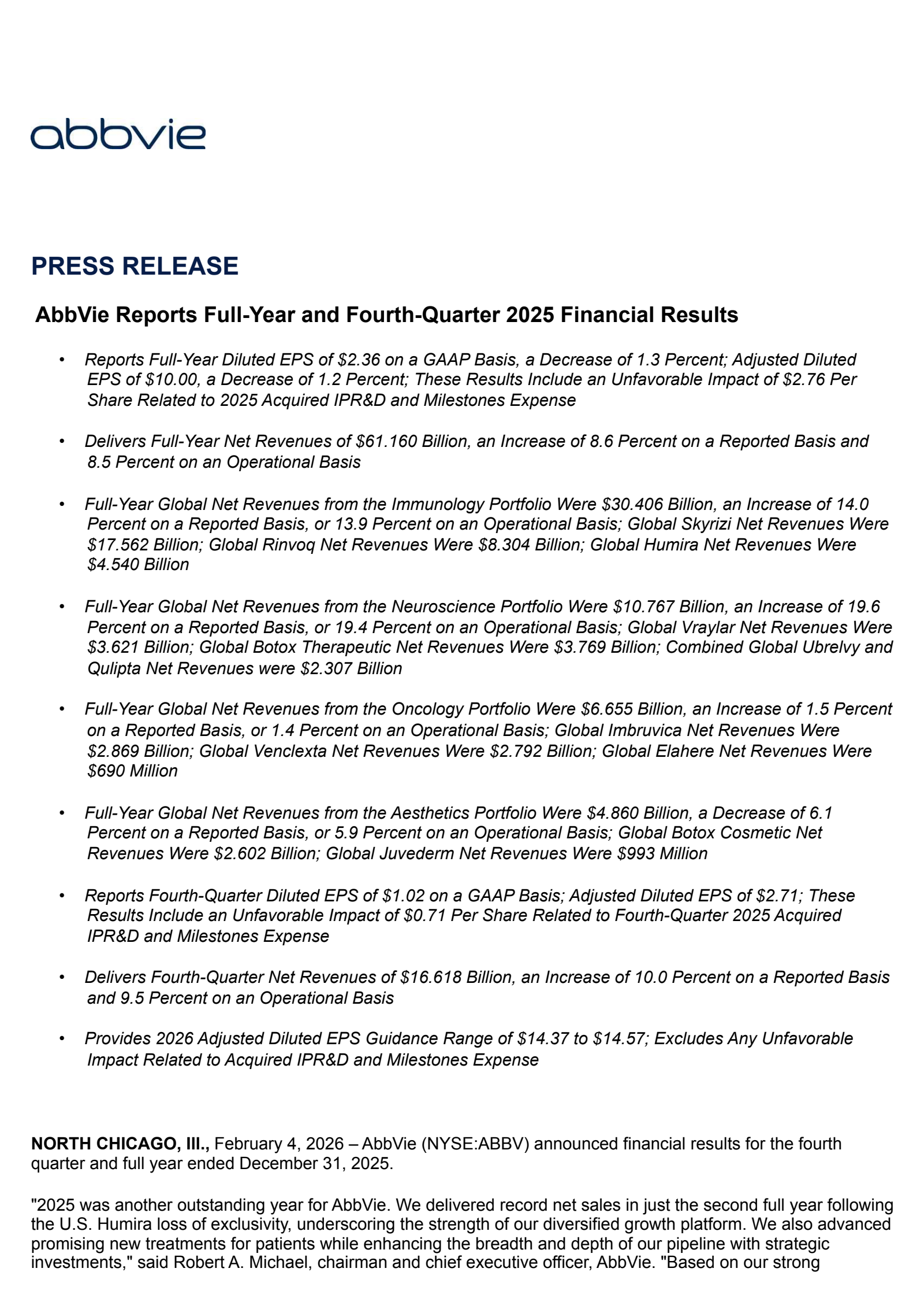AbbVie's Q4 2025 Press Release