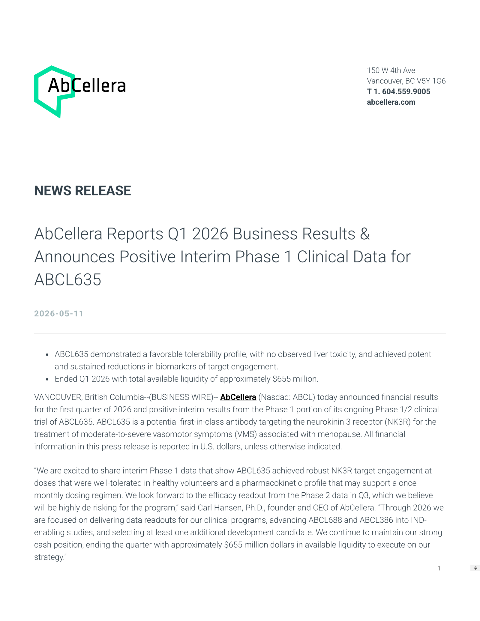 AbCellera Biologics' Q1 2026 Press Release