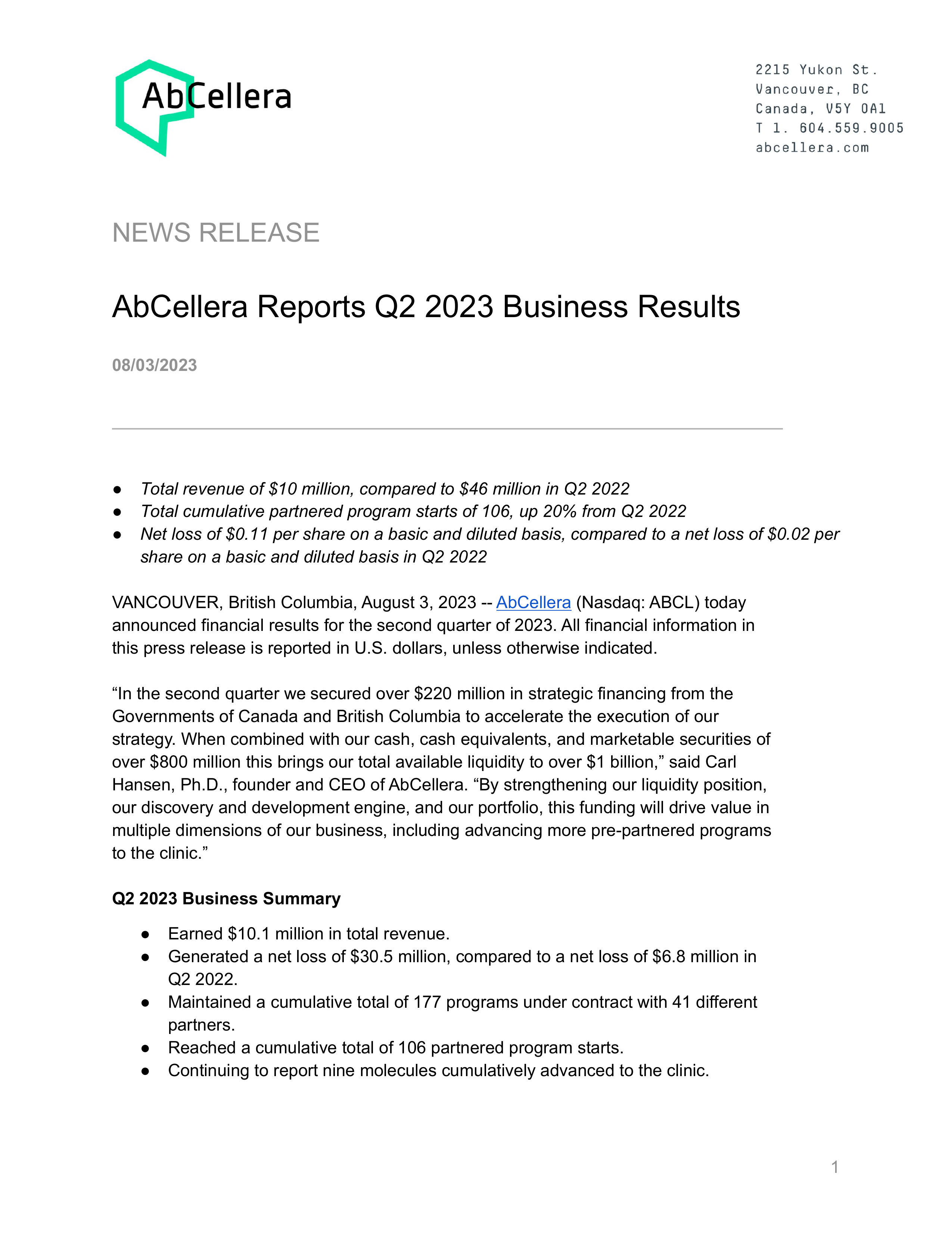 AbCellera Biologics' Q2 2023 Press Release
