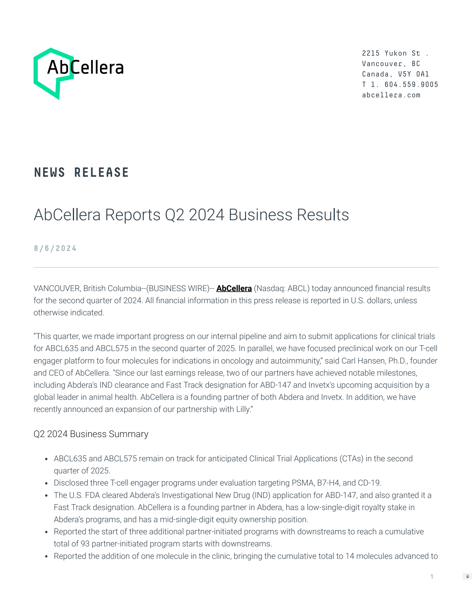 AbCellera Biologics' Q2 2024 Press Release