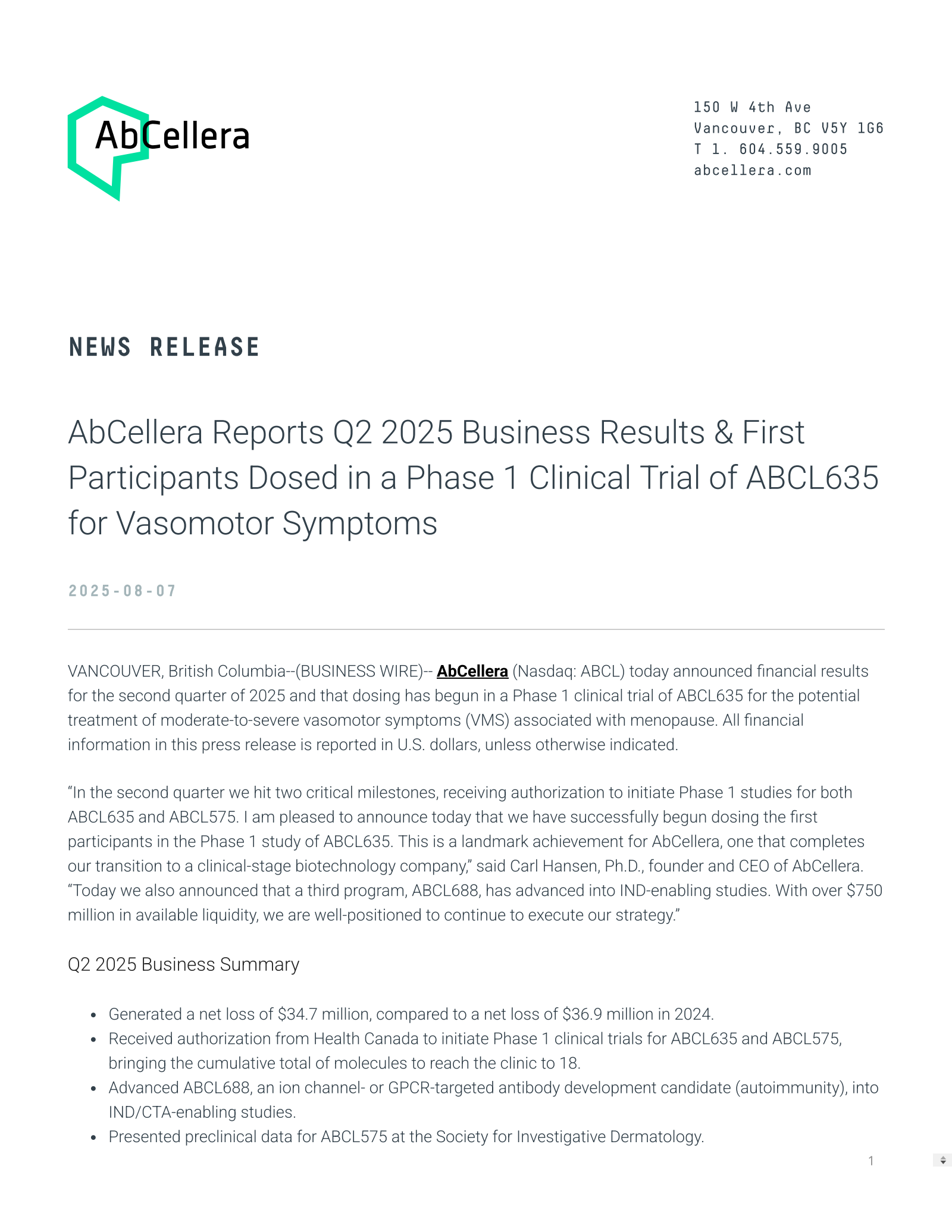 AbCellera Biologics' Q2 2025 Press Release