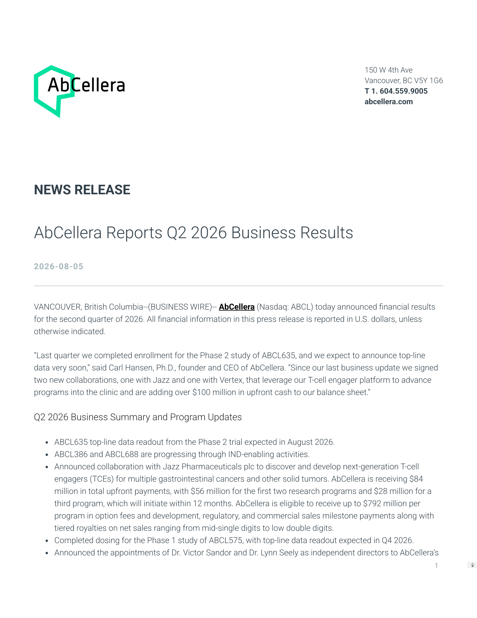 AbCellera Biologics' Q2 2026 Press Release