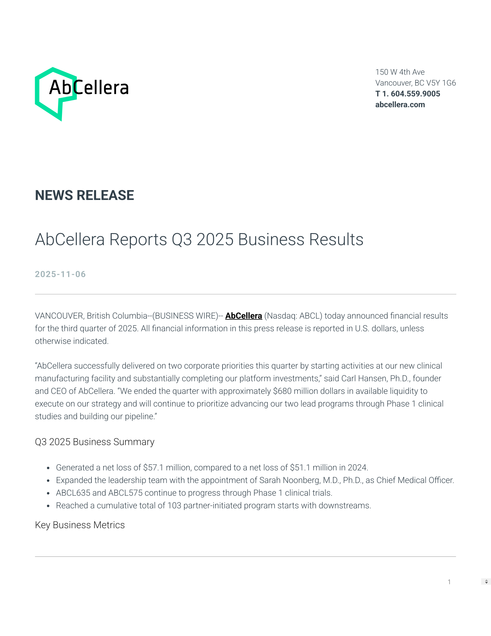 AbCellera Biologics' Q3 2025 Earnings Release
