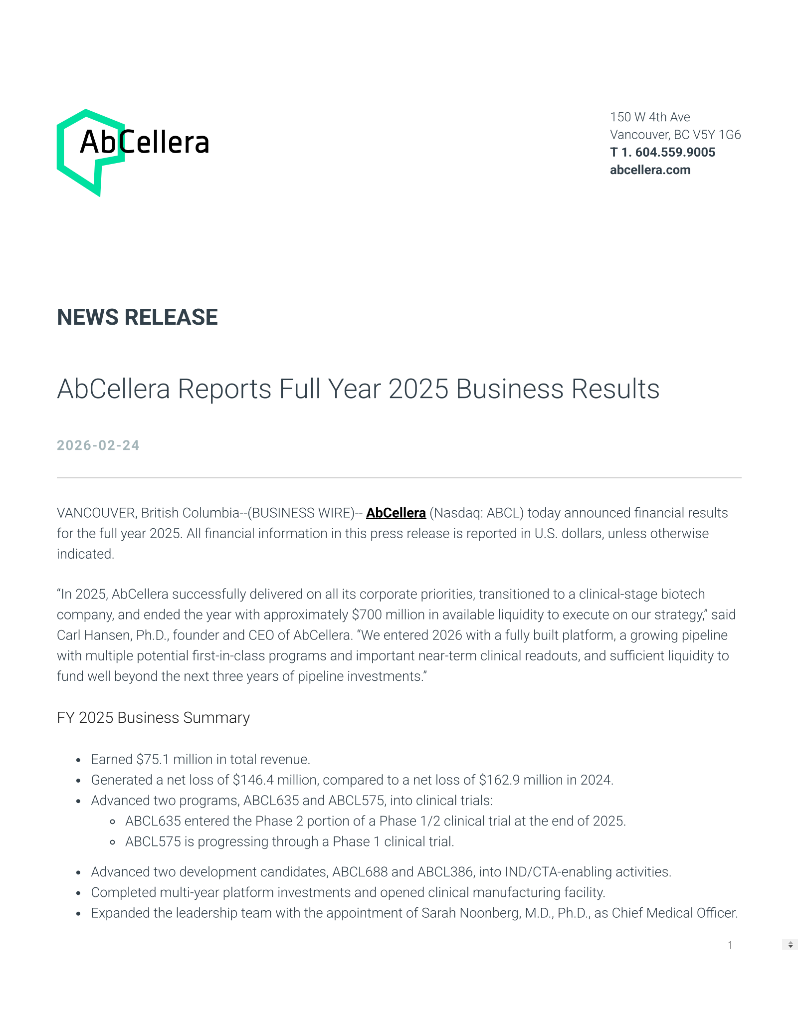 AbCellera Biologics' Q4 2025 Press Release