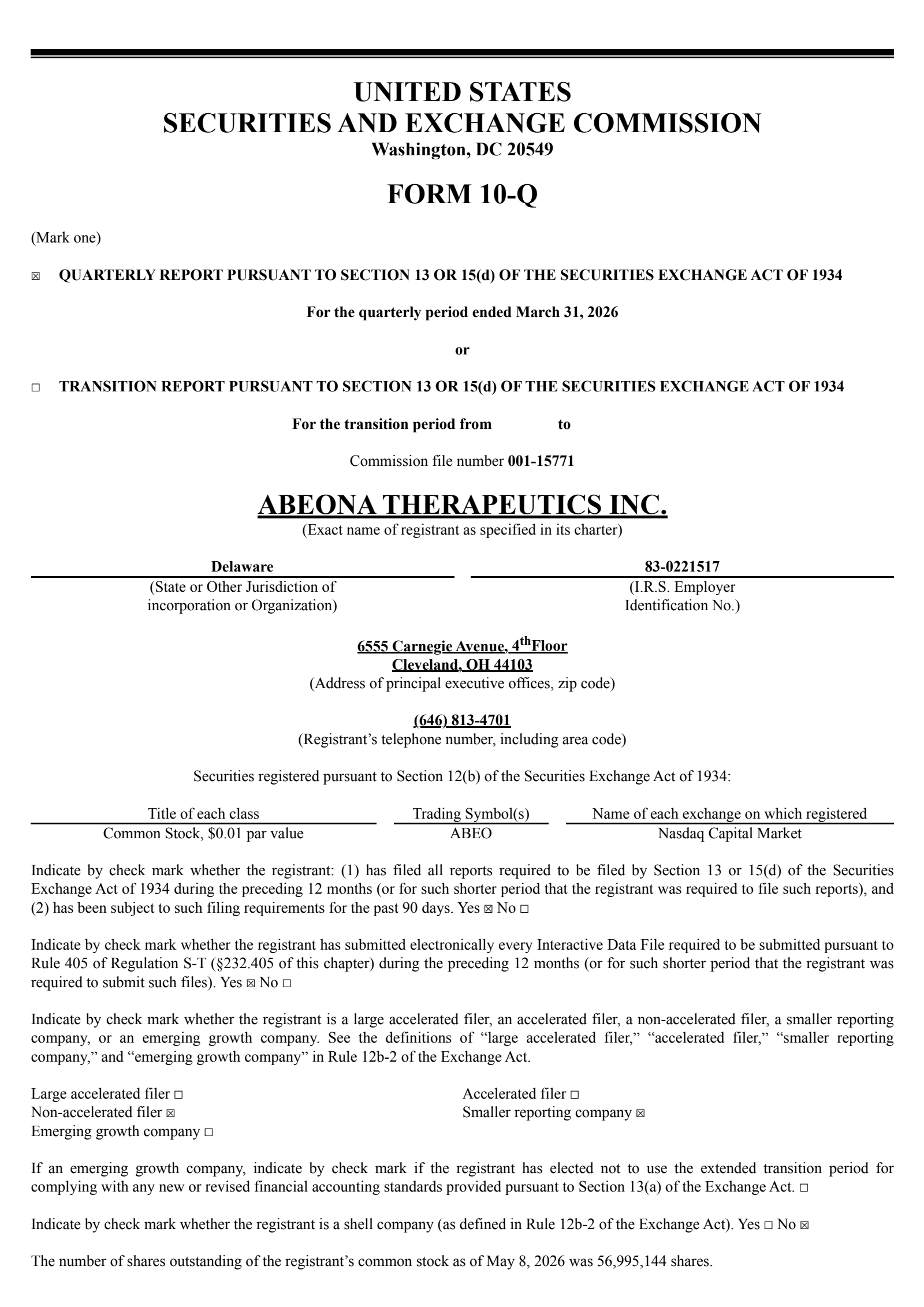 Abeona Therapeutics' Q1 2026 Quarterly report